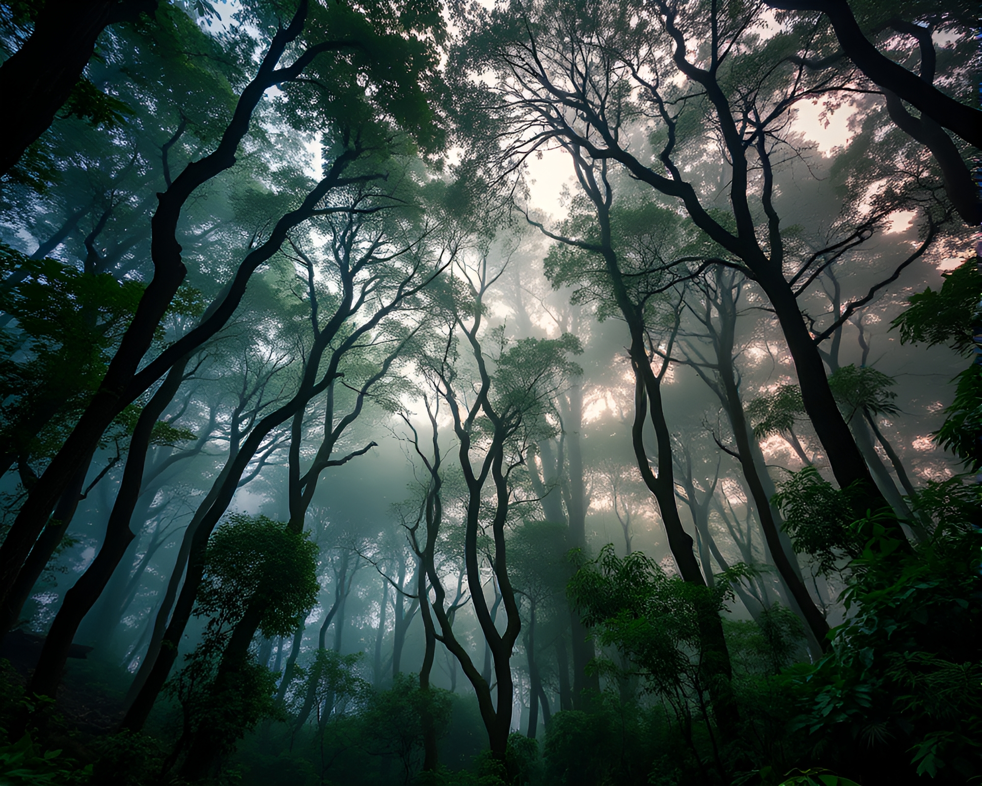 Dawn Mist Double Exposure Rainforest Canopy – free AI stock image