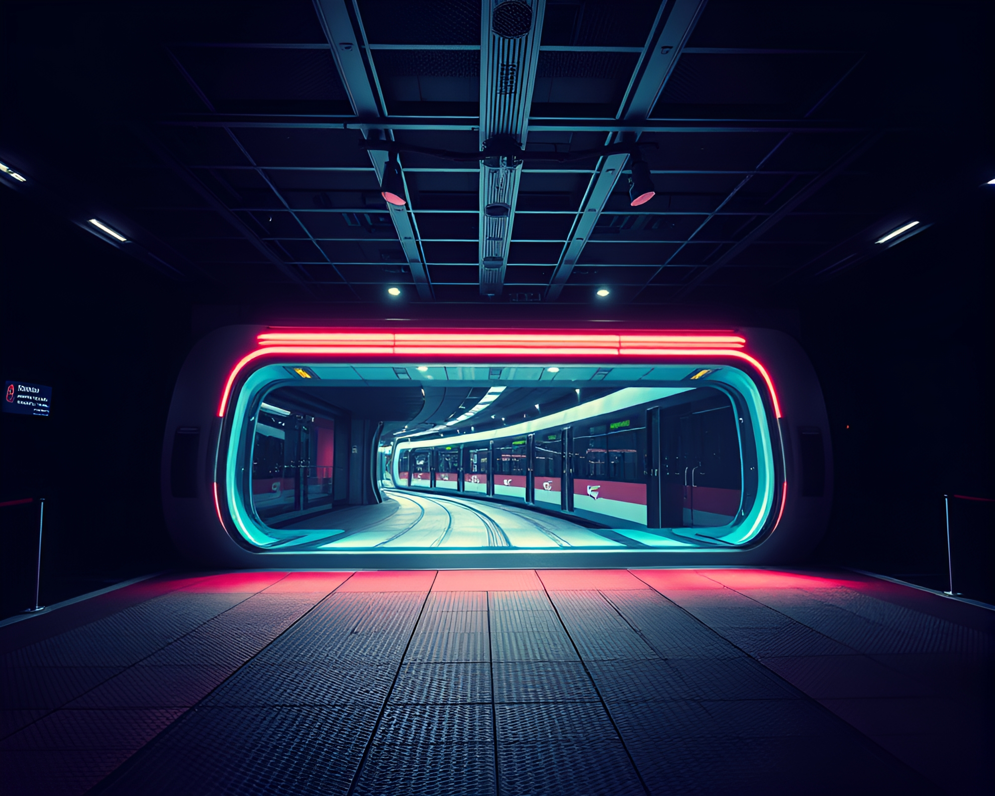 Monorail Struck by Spotlight in Selective Color Grid – free AI stock image