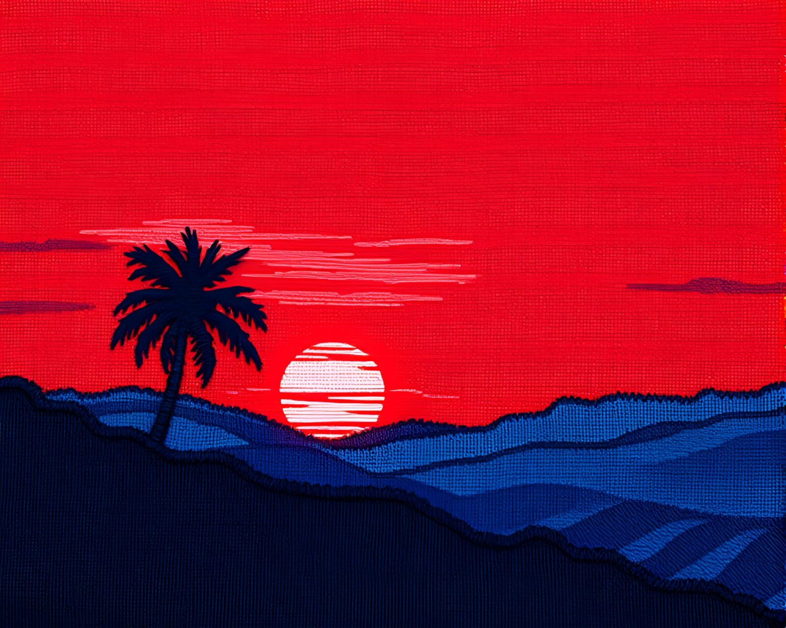 Detailed embroidery of a vaporwave sunset in red-blue duotone