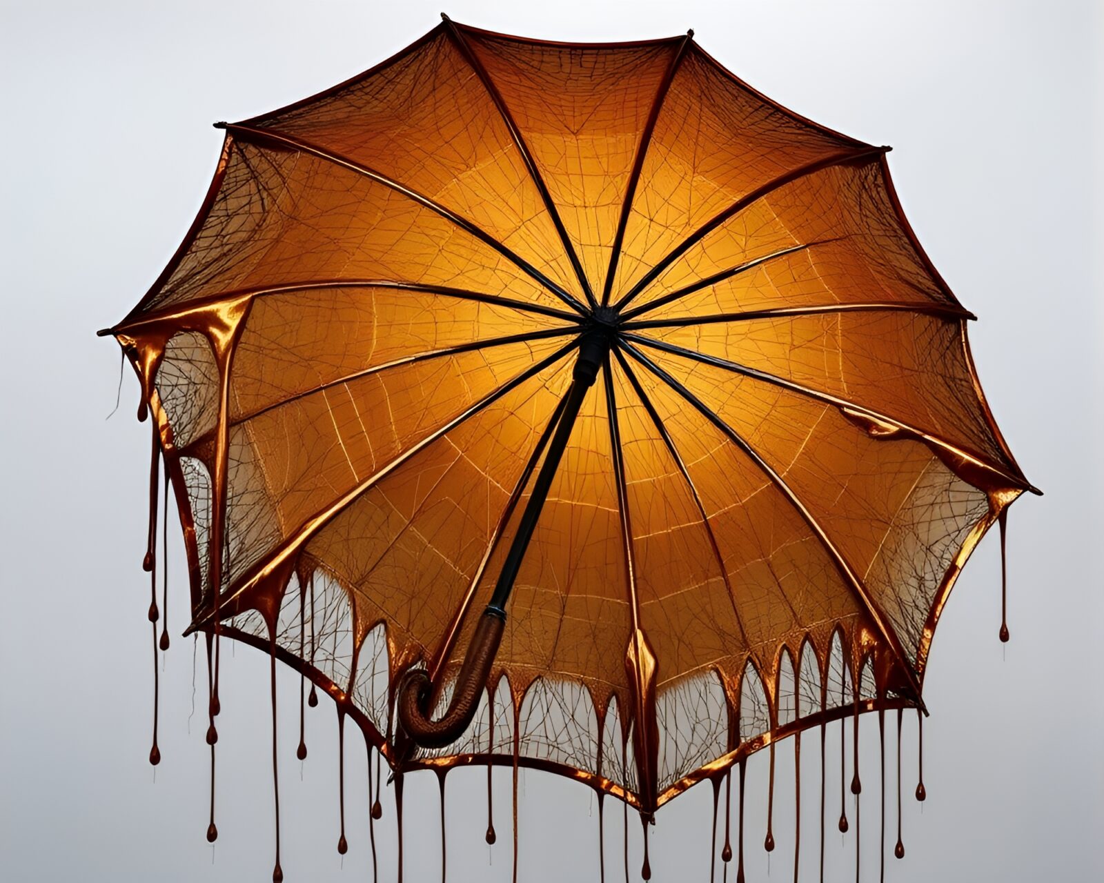 Glowing umbrella encapsulated in intricate dripping bronze cobwebs