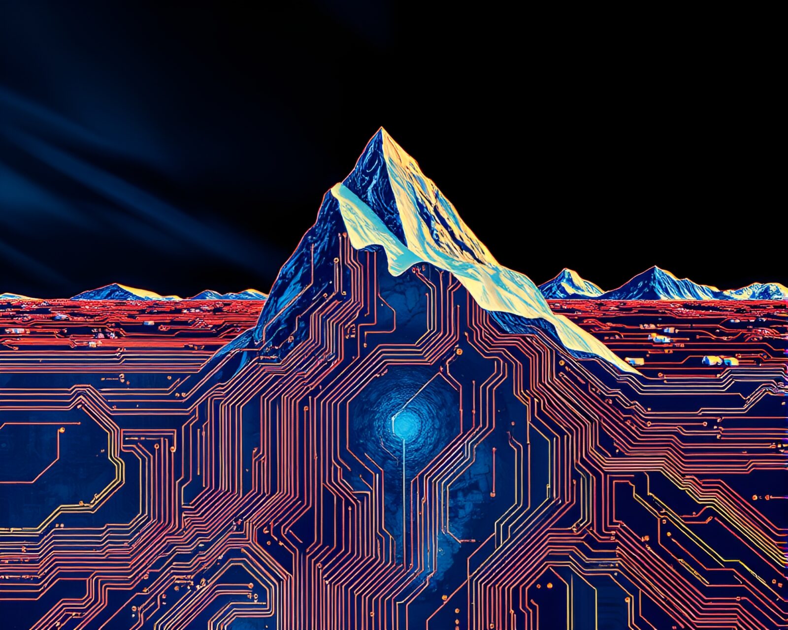 An image of an Arctic iceberg intertwined with circuit board traces in a digital bloom style