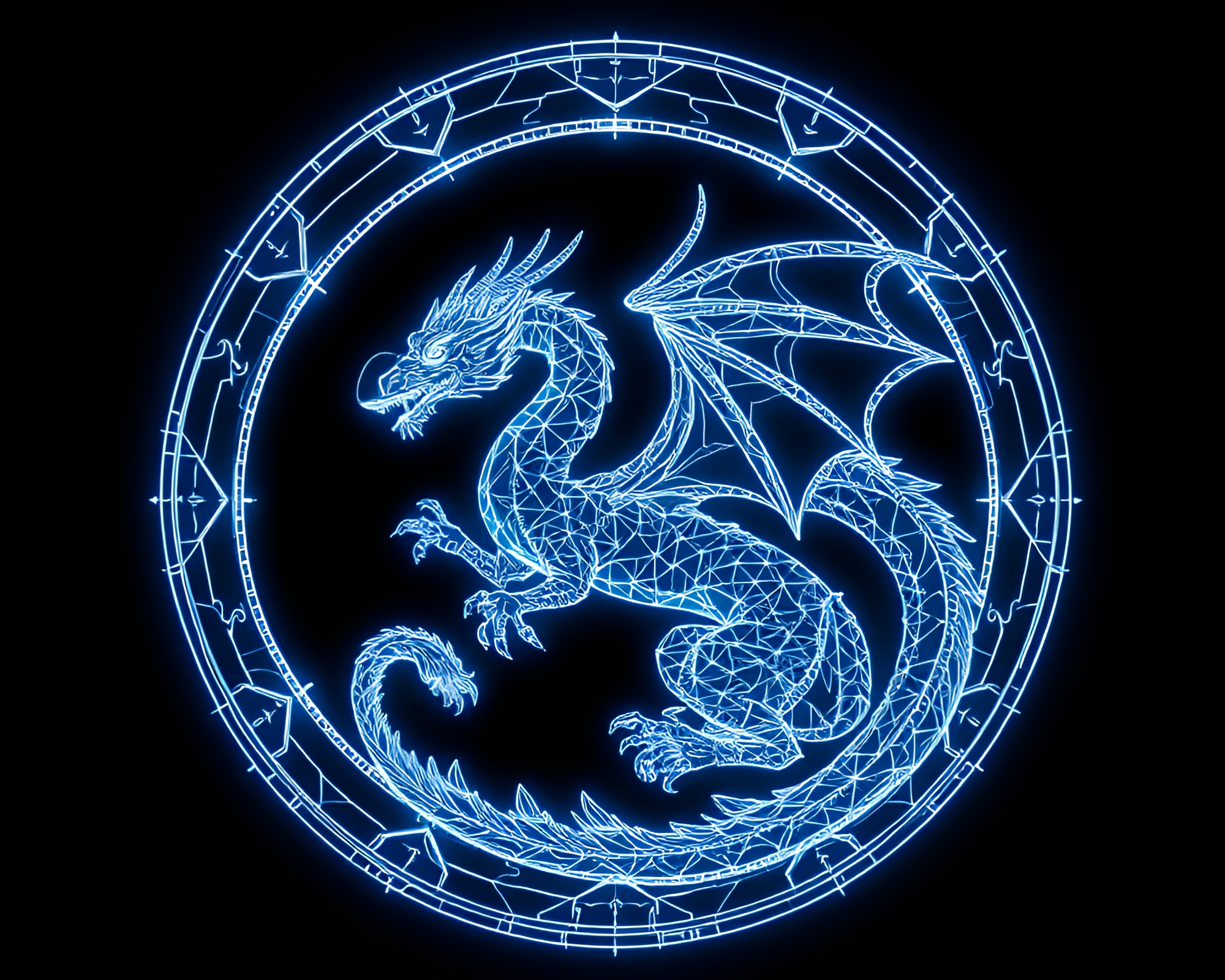 Celestial Dragon in Monochrome Blue Wireframe Cosmos – free AI stock image