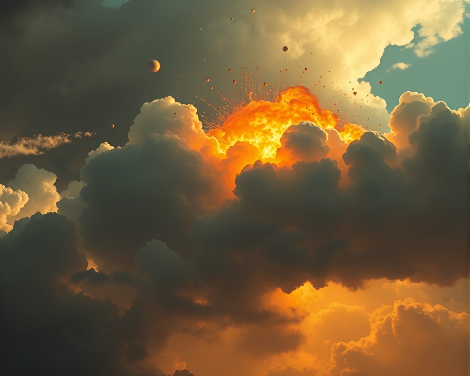 Large explosion cloud resembling a mythical creature in eerie shadowy attic