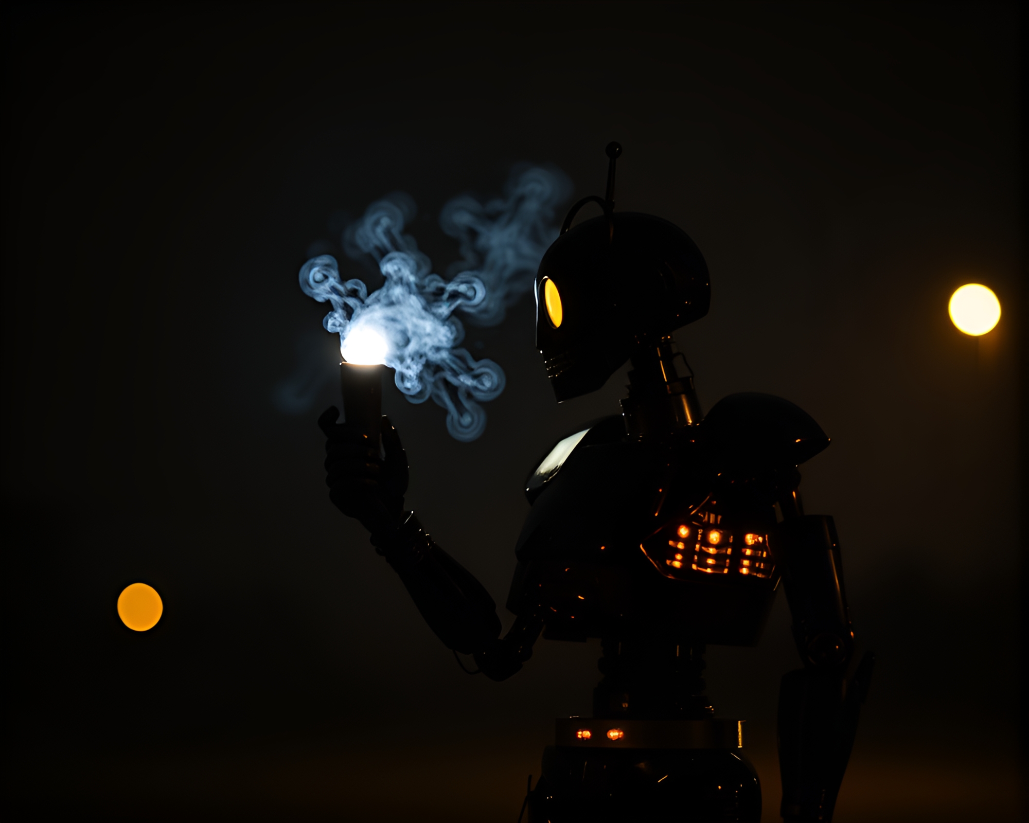Steampunk Robot Silhouetted in Torchlight Glow – free AI stock image