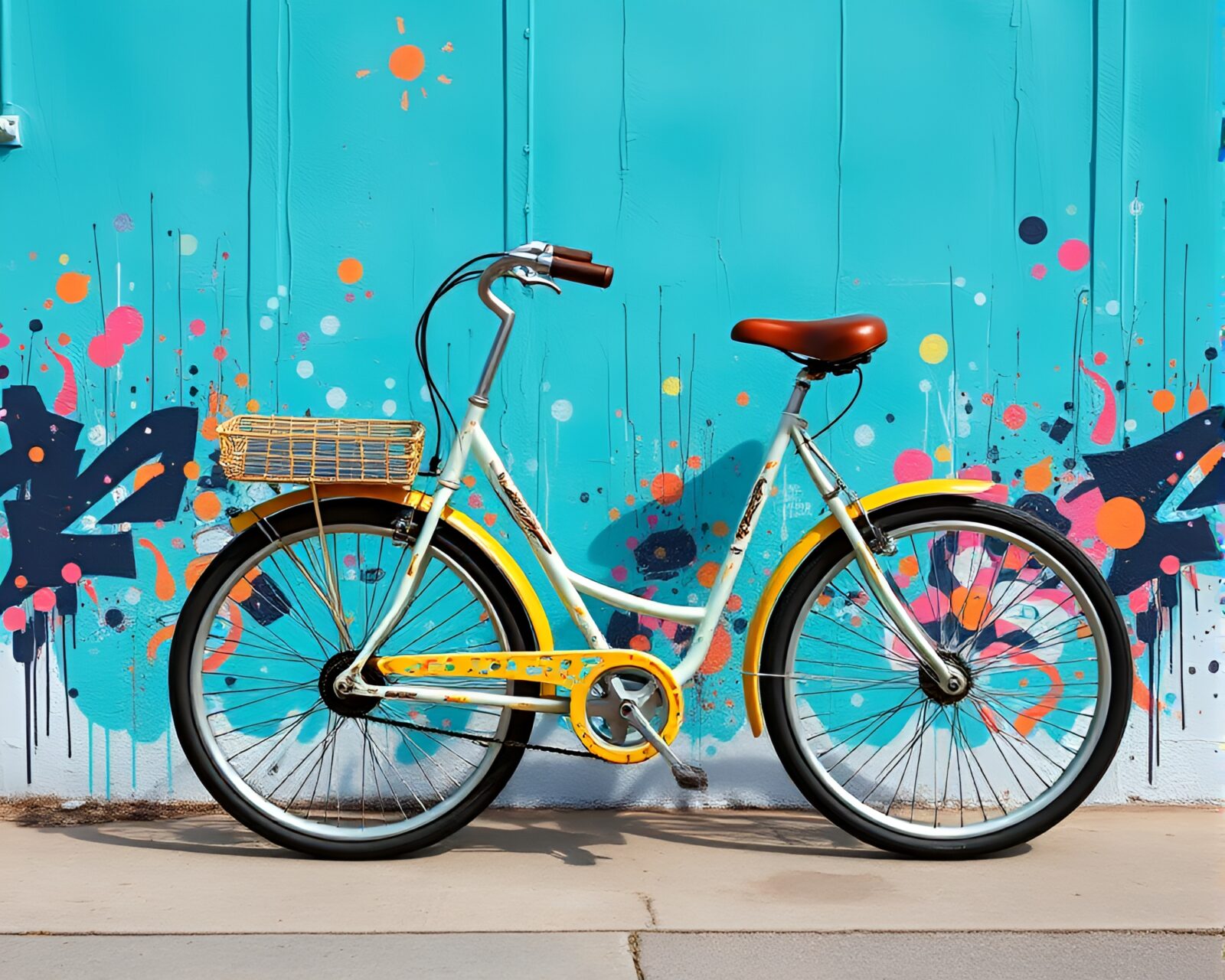 Colorful mural of a solar-powered bike with splatter art