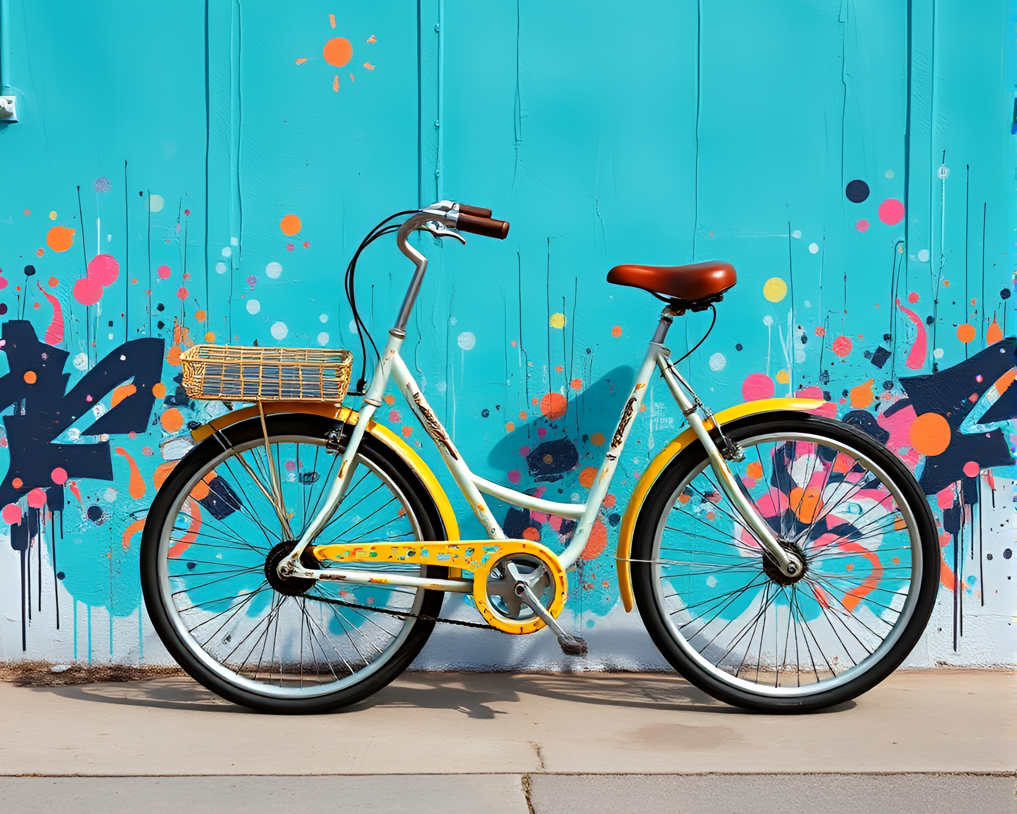 Solar-Powered Bike Mural in Turquoise Splatter Art – free AI stock image