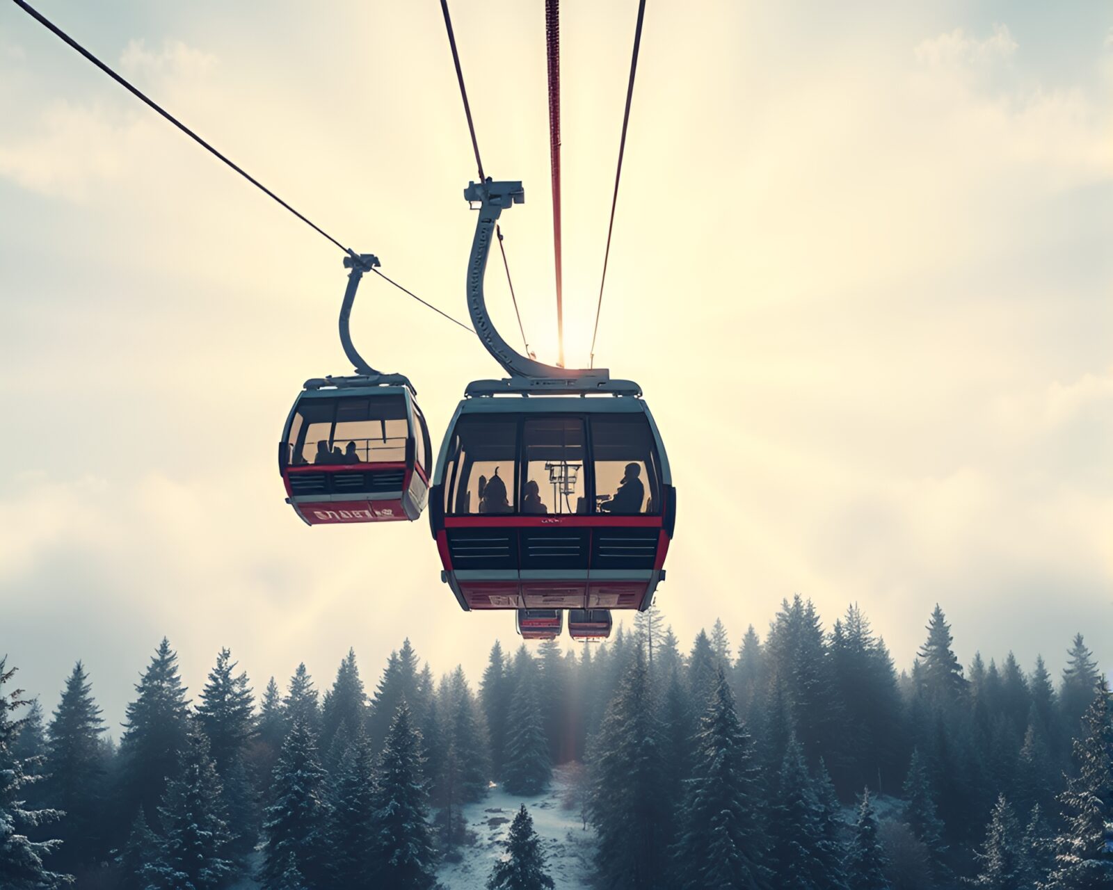 Vibrant color fields frame a symmetric gondola lift scene