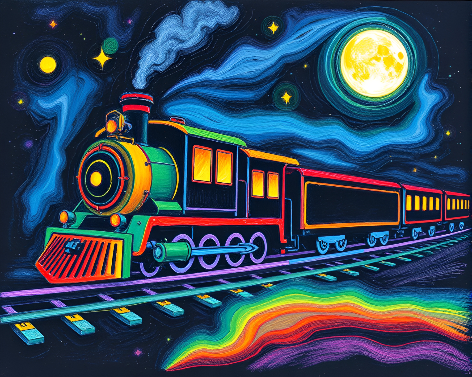 Oil Slick Rainbow Train in Glow-in-the-Dark Style – free AI stock image