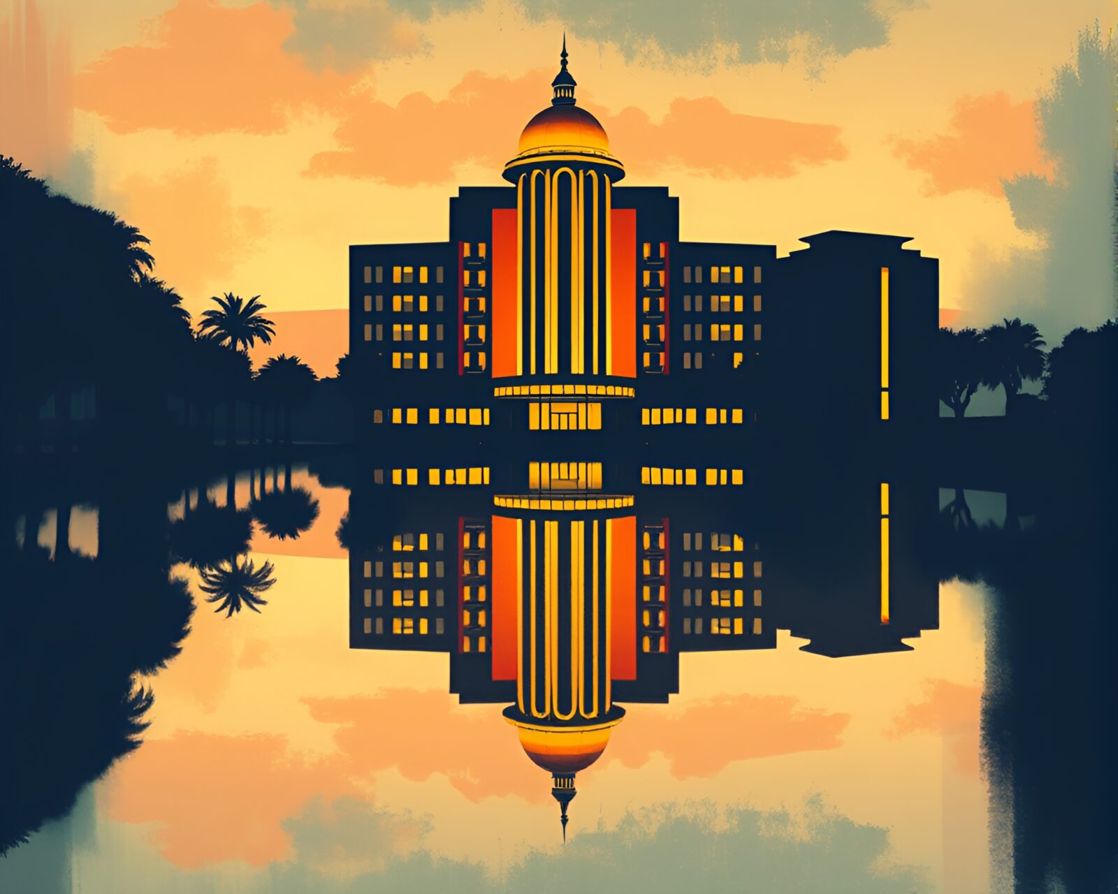 Silhouetted figure in vibrant geometric abstract art deco hotel