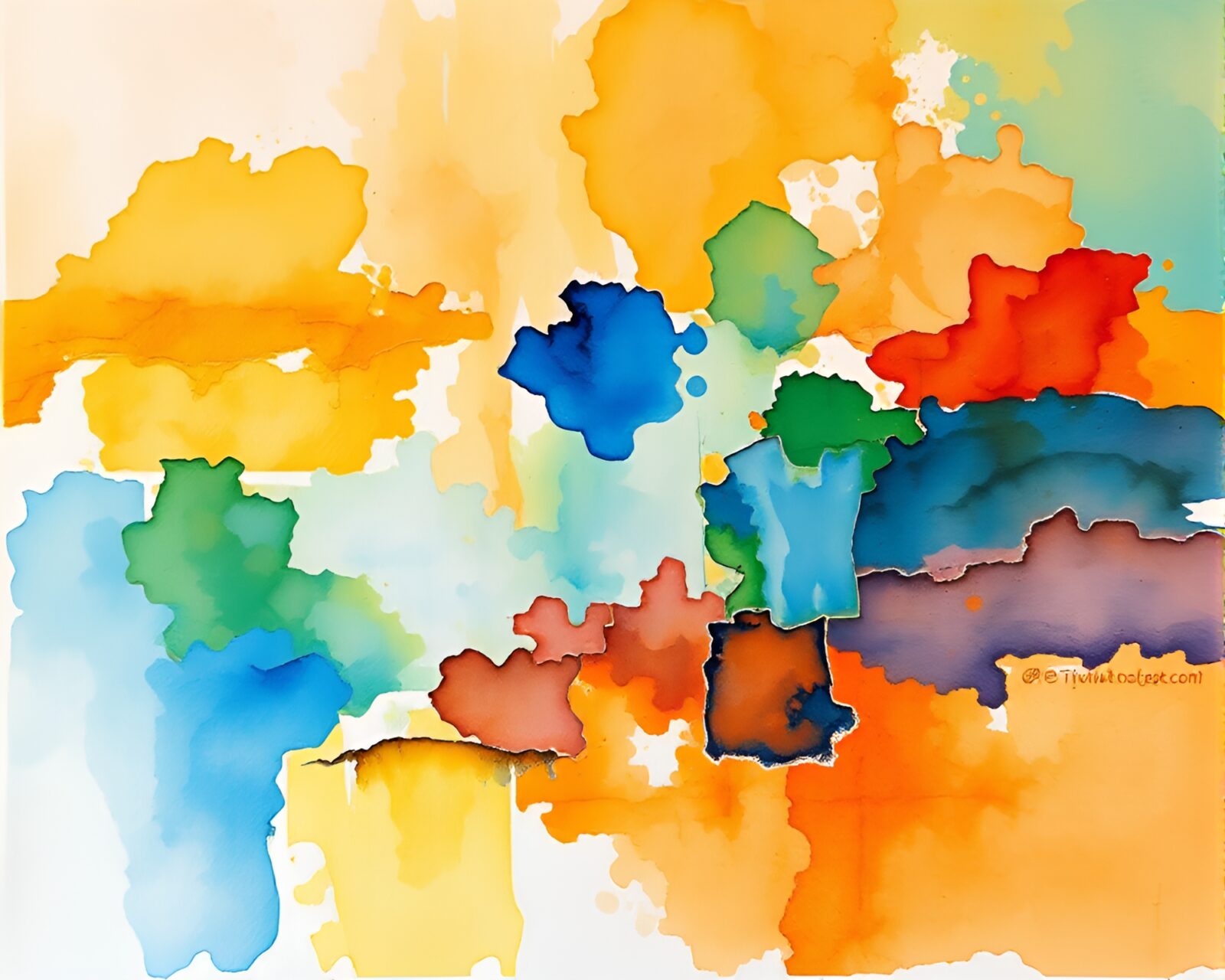 Vivid watercolor oil painting of cityscape on wet pavement