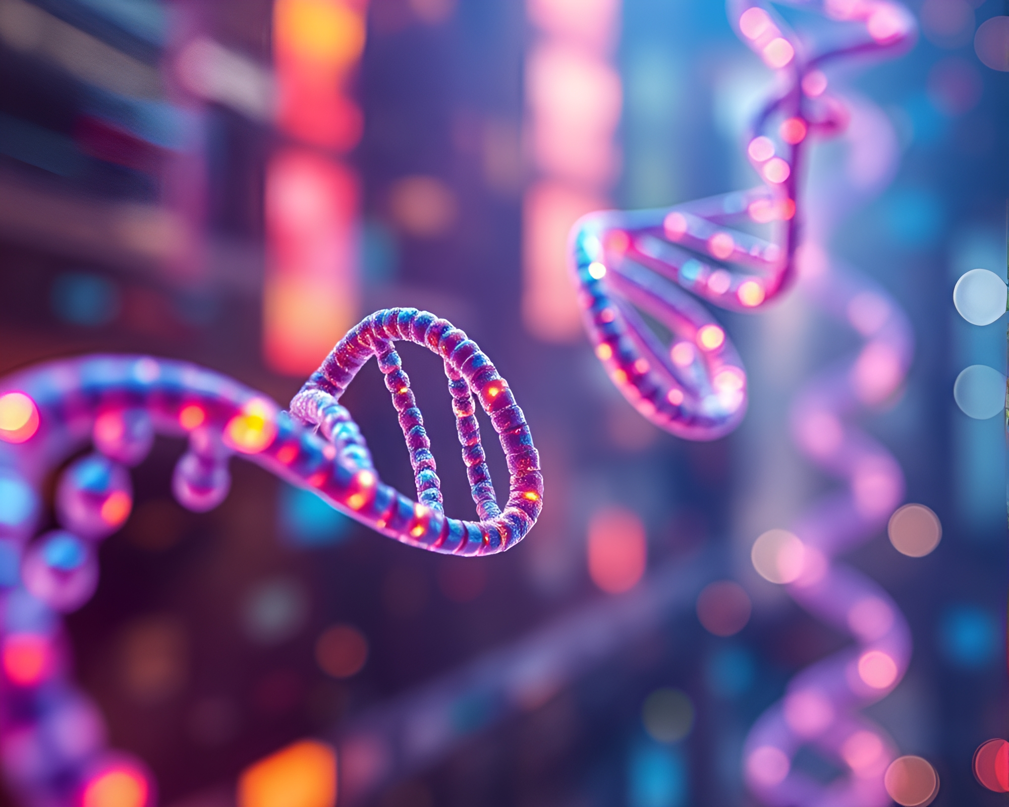 Neon DNA Helix in Holographic Motion Blur Cityscape – free AI stock image