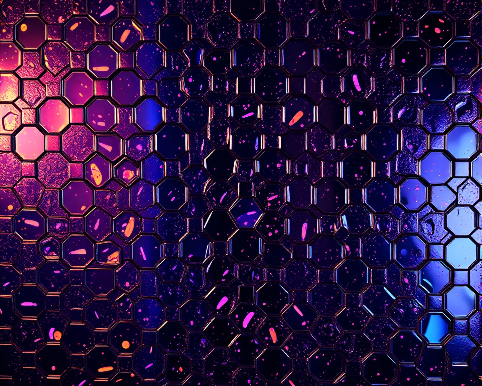 Colorful hexagonal holographic display with splatter art style