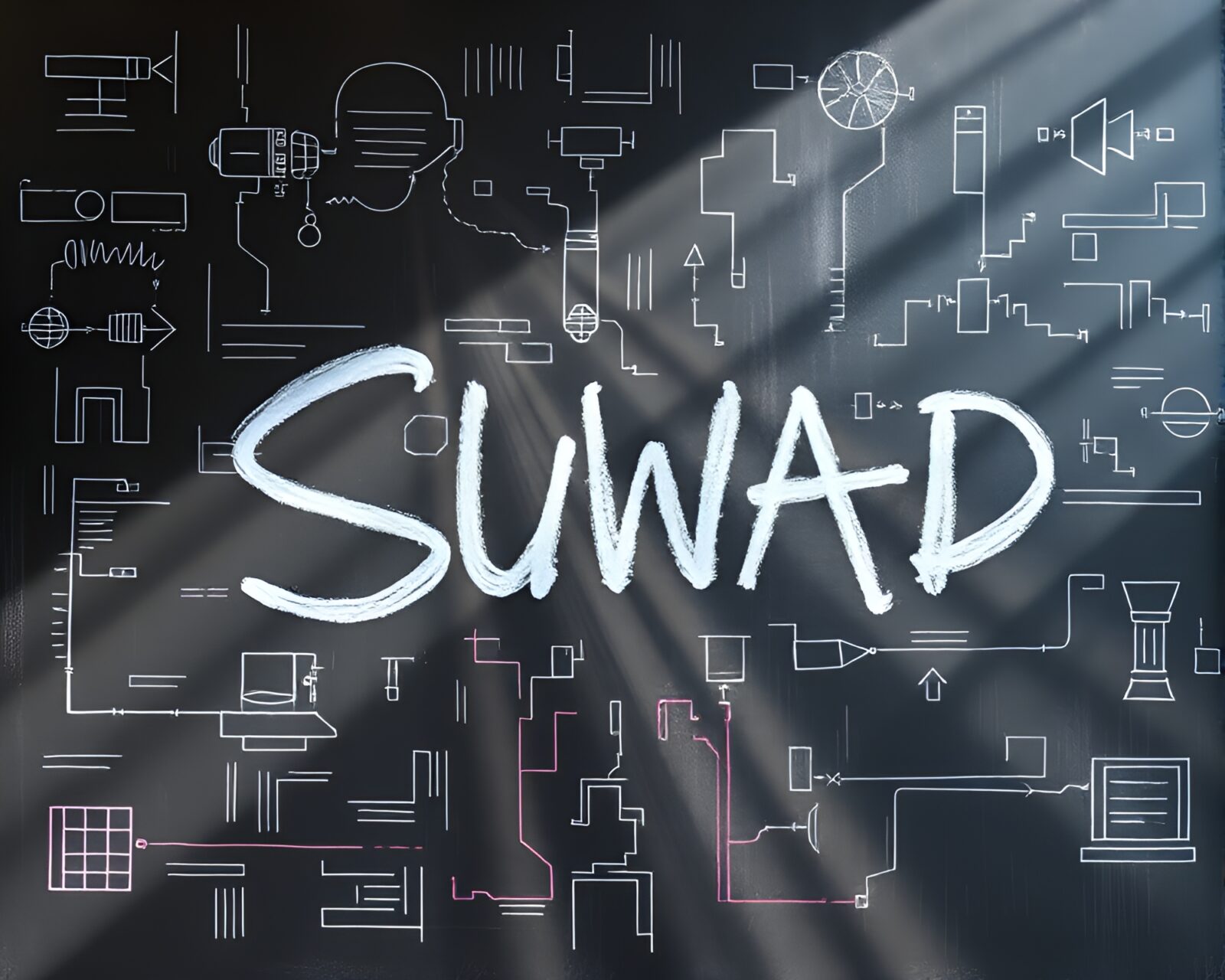 Neon chalk hoverboard streaks in futuristic sunbeam-lit cityscape