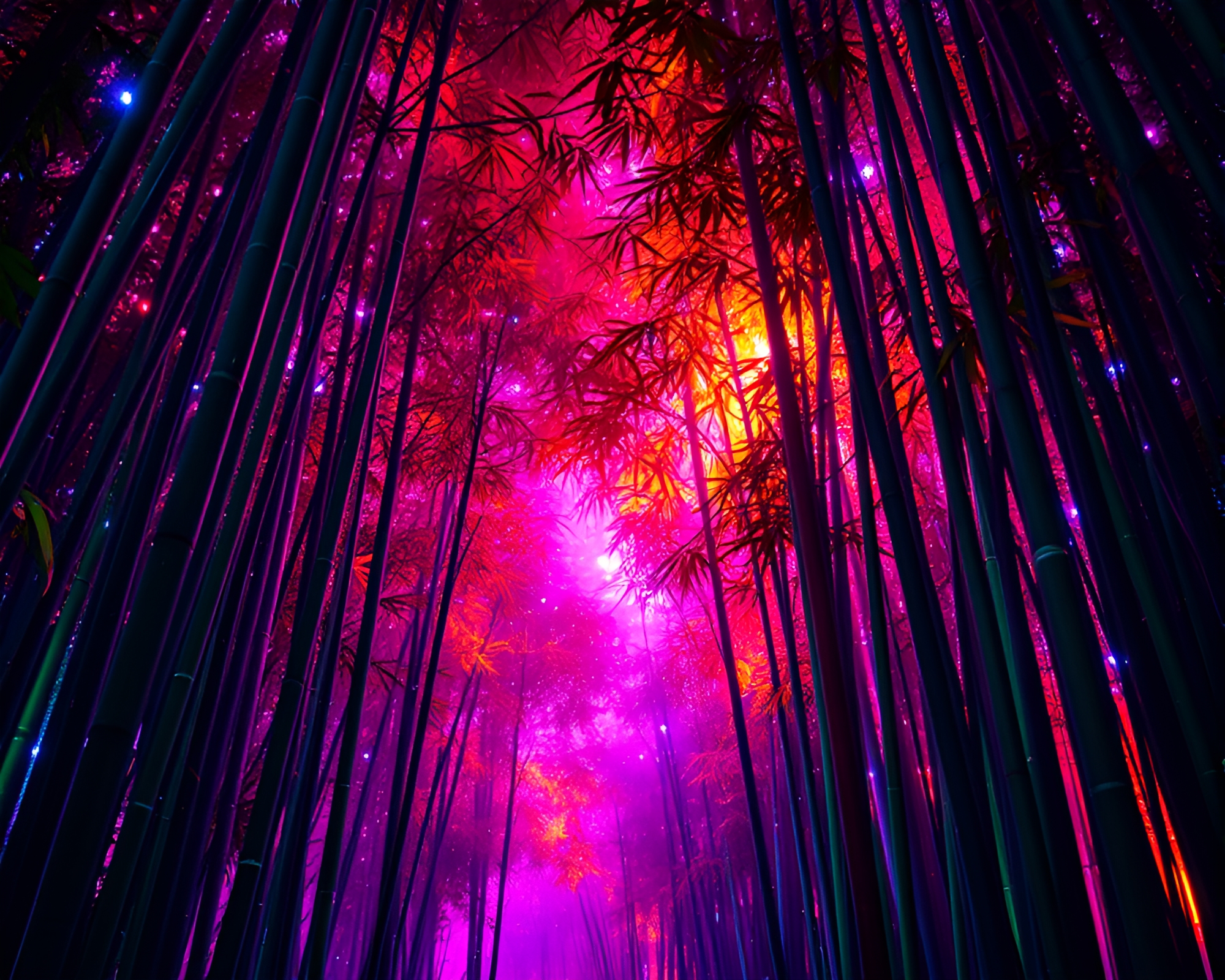 Bamboo Grove Rain Droplets in Cosmic Glow – free AI stock image