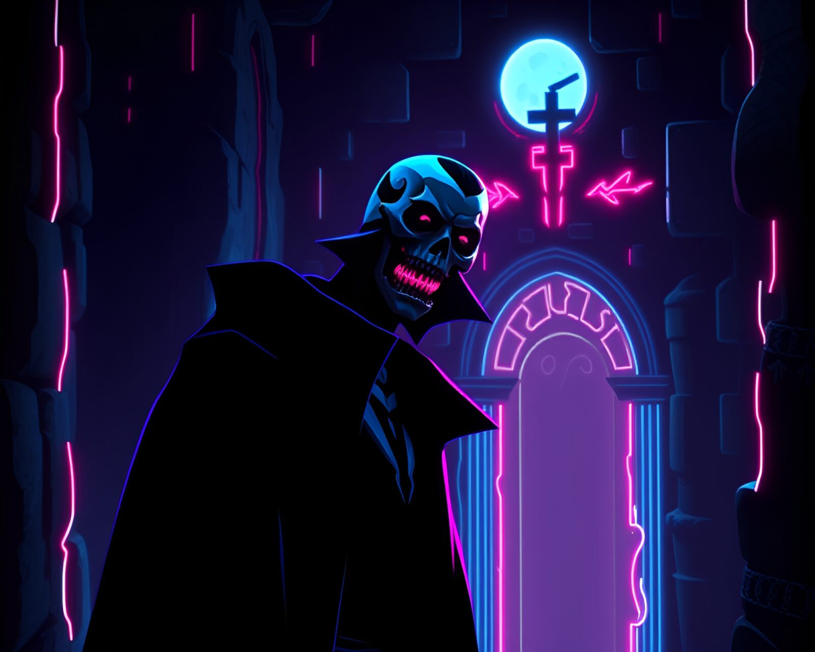 Glowing voxel art of a vampire in abstract negative space