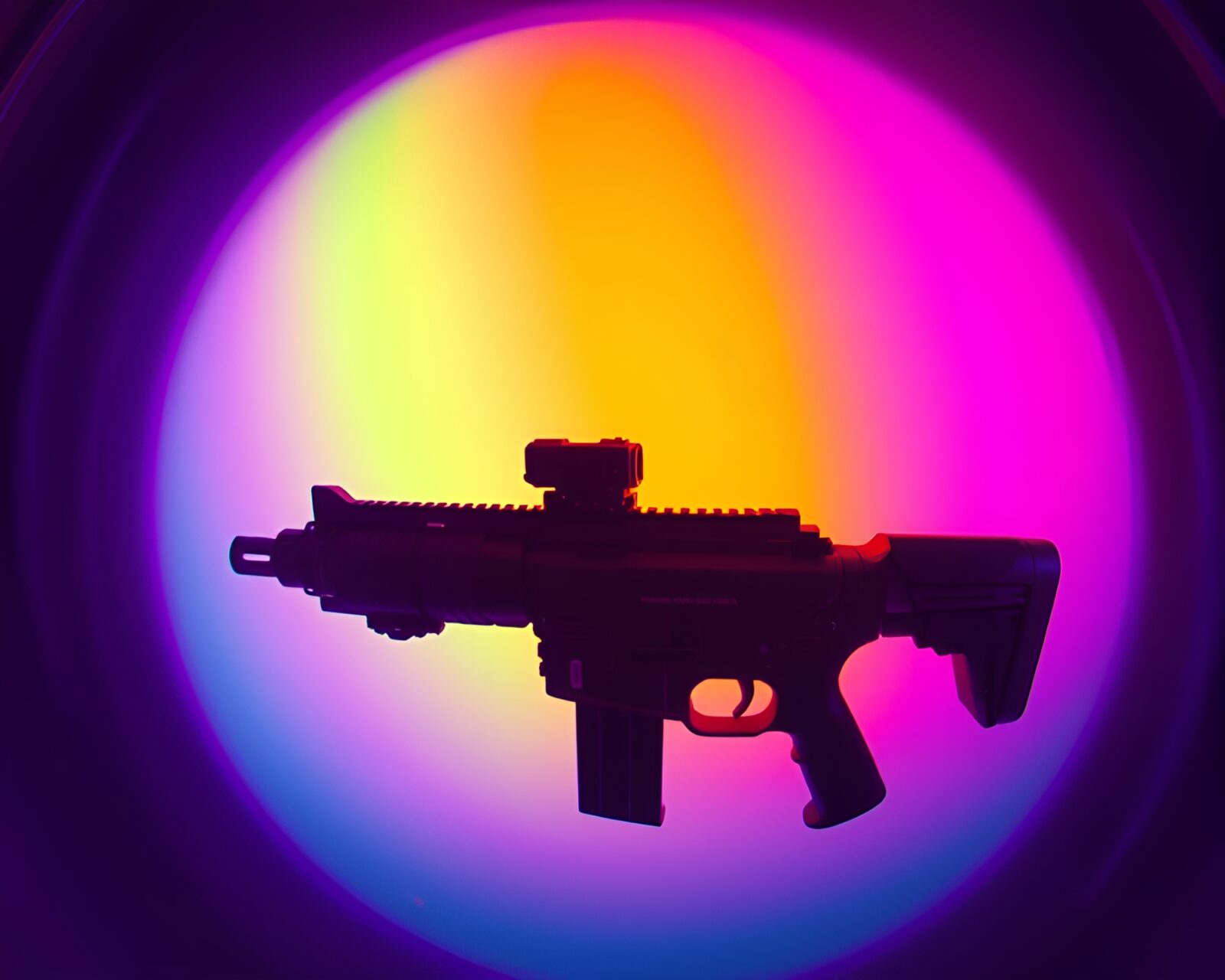 Vivid fisheye shot of futuristic plasma rifle in glitchy colors