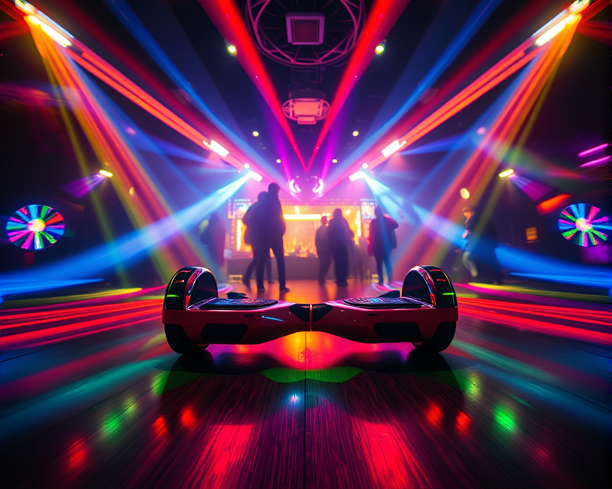 Surreal lens-distorted hoverboard ride under club strobe lights – free AI stock image