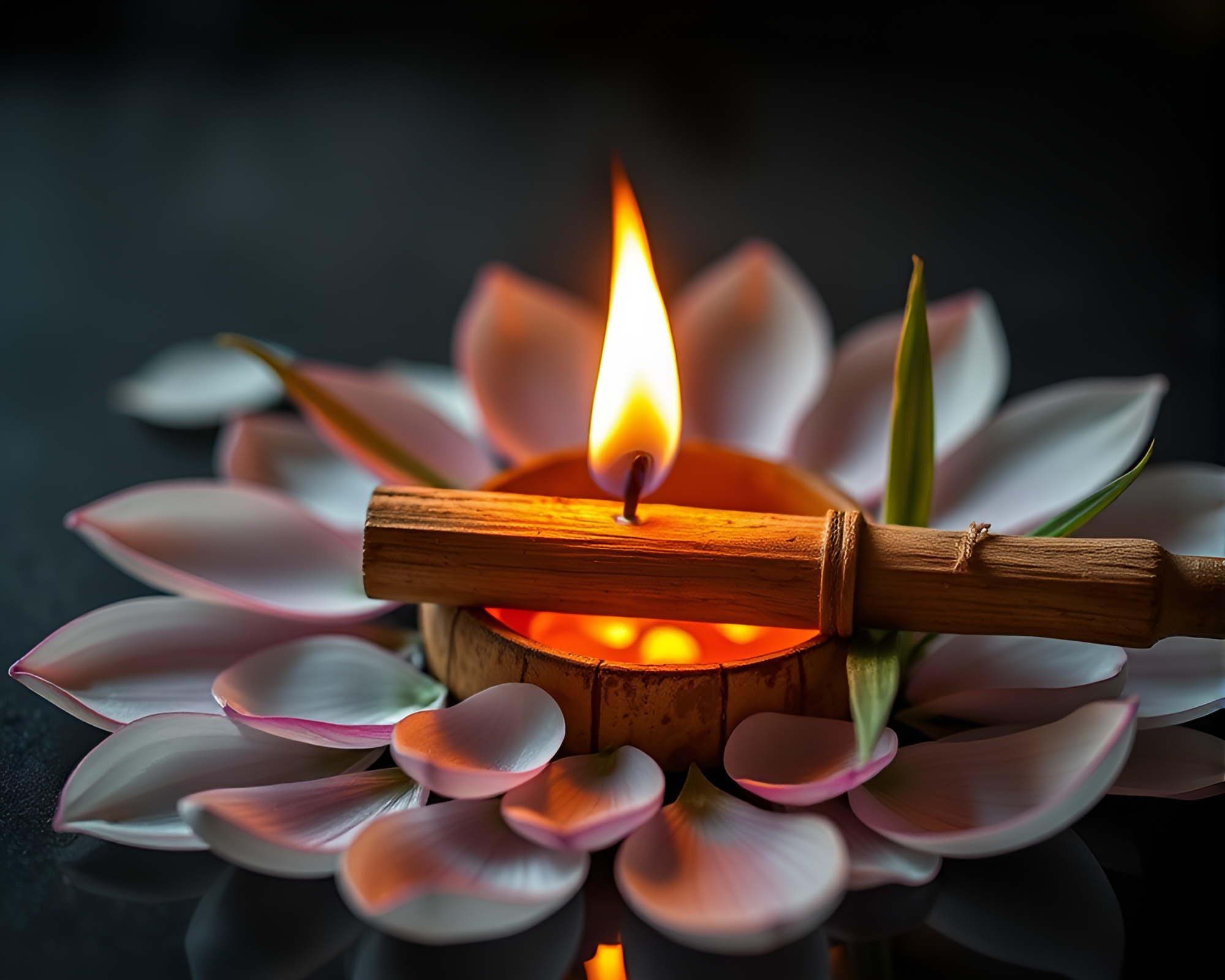 Bamboo flute serenades amidst swirling flower petal flames – free AI stock image