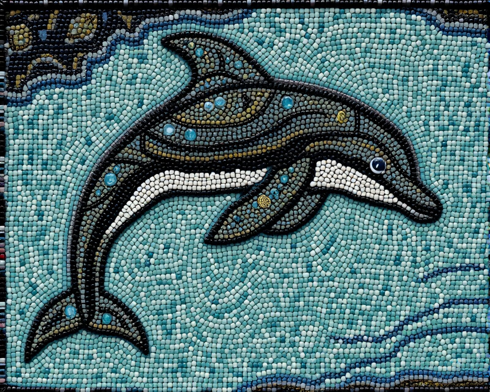Cross-processed Amazon river dolphin framed by intricate beadwork