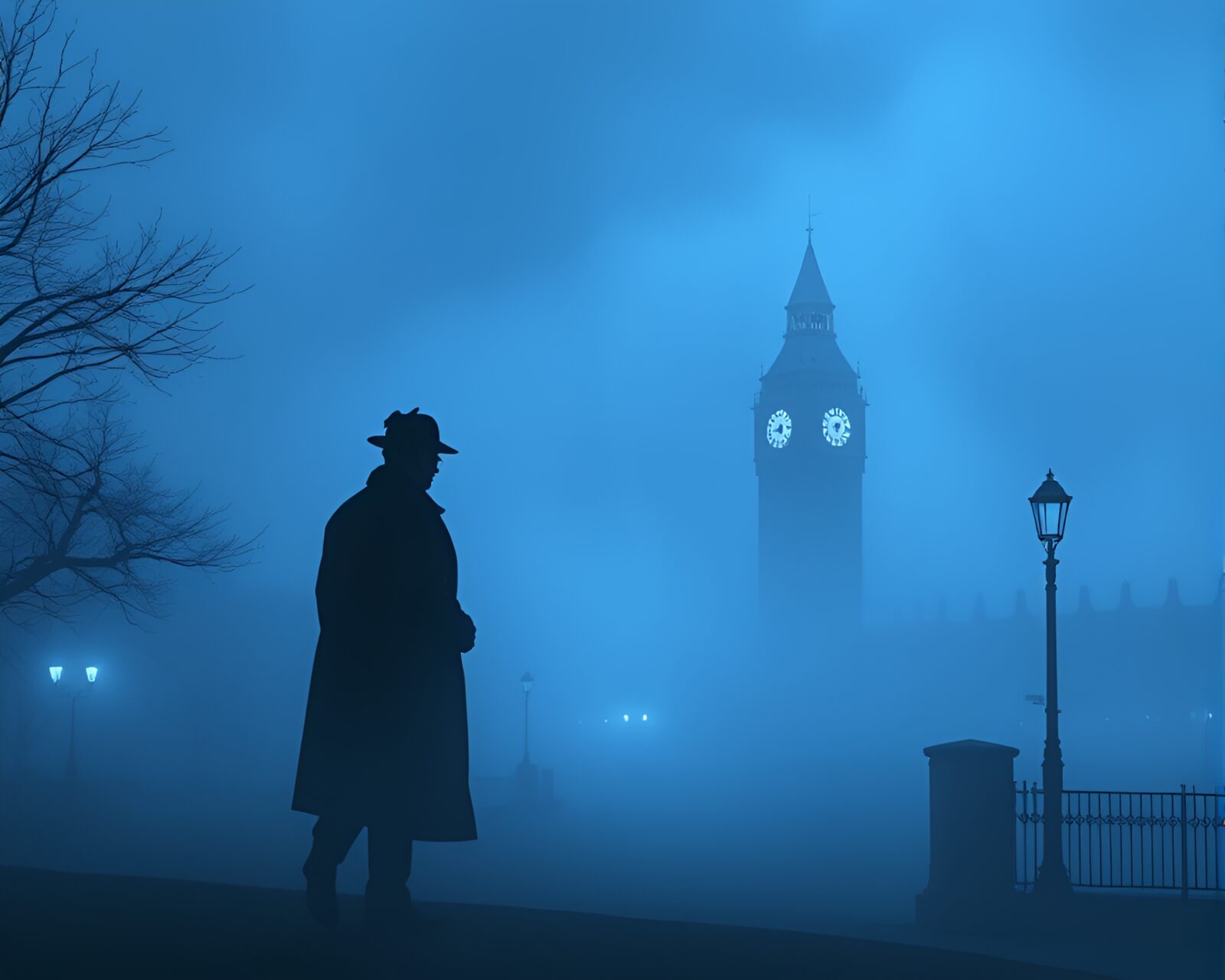 Silhouette of detective in fog with duochrome icy tint