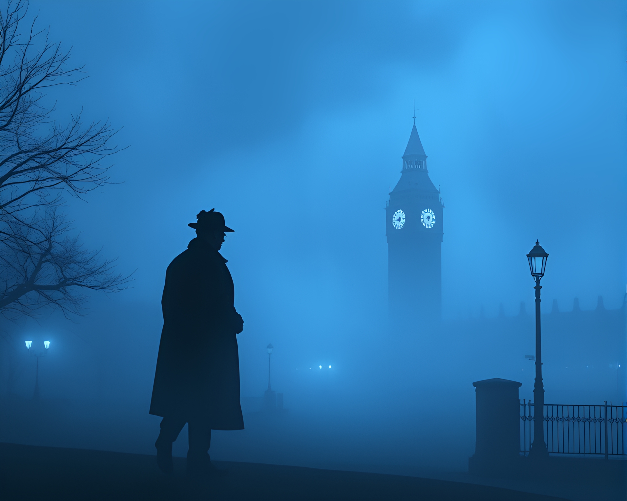Mysterious Sherlock Holmes Silhouette in Ice-Blue Fog – free AI stock image