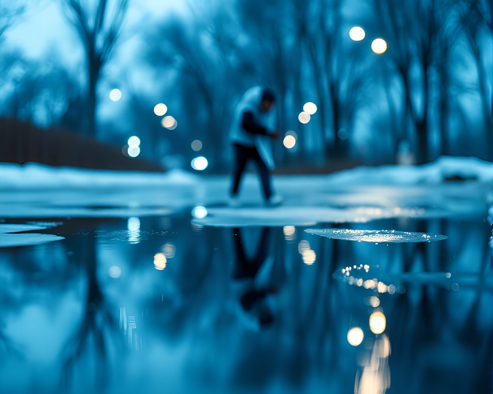 A futuristic jetpack reflected in a shimmering puddle.