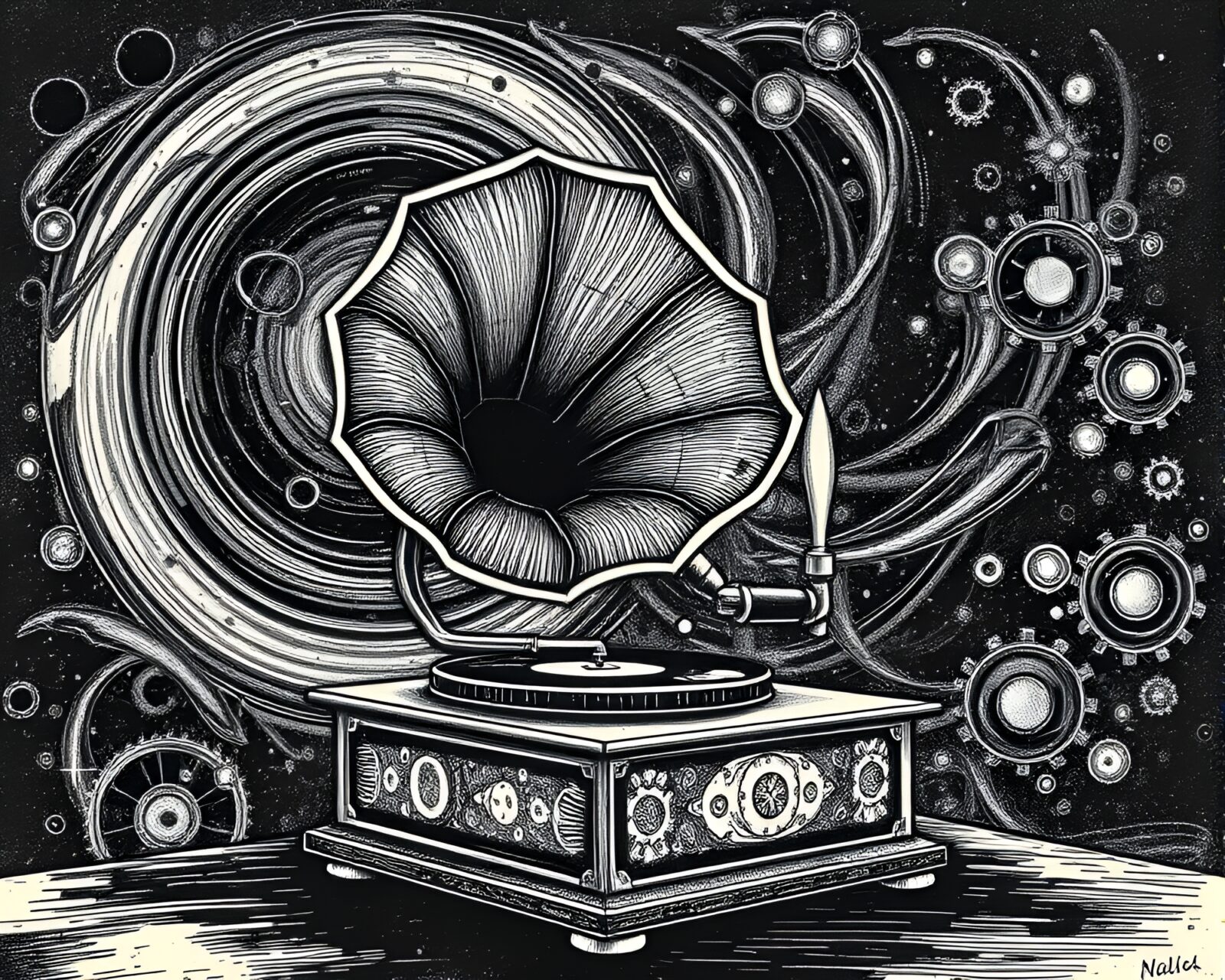 Etched gramophone in a fantastical galaxy setting
