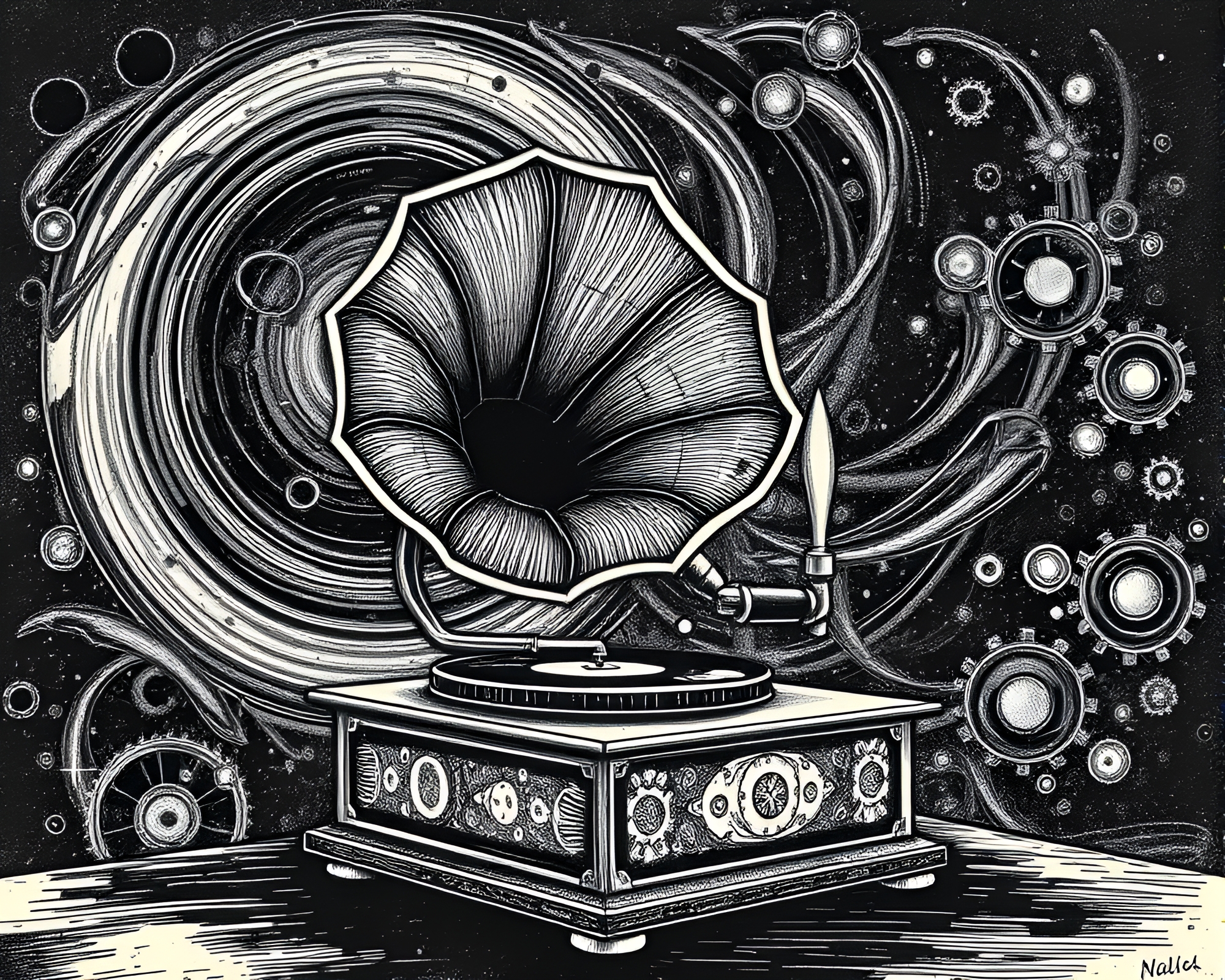Steampunk Gramophone under Milky Way Swirl – free AI stock image