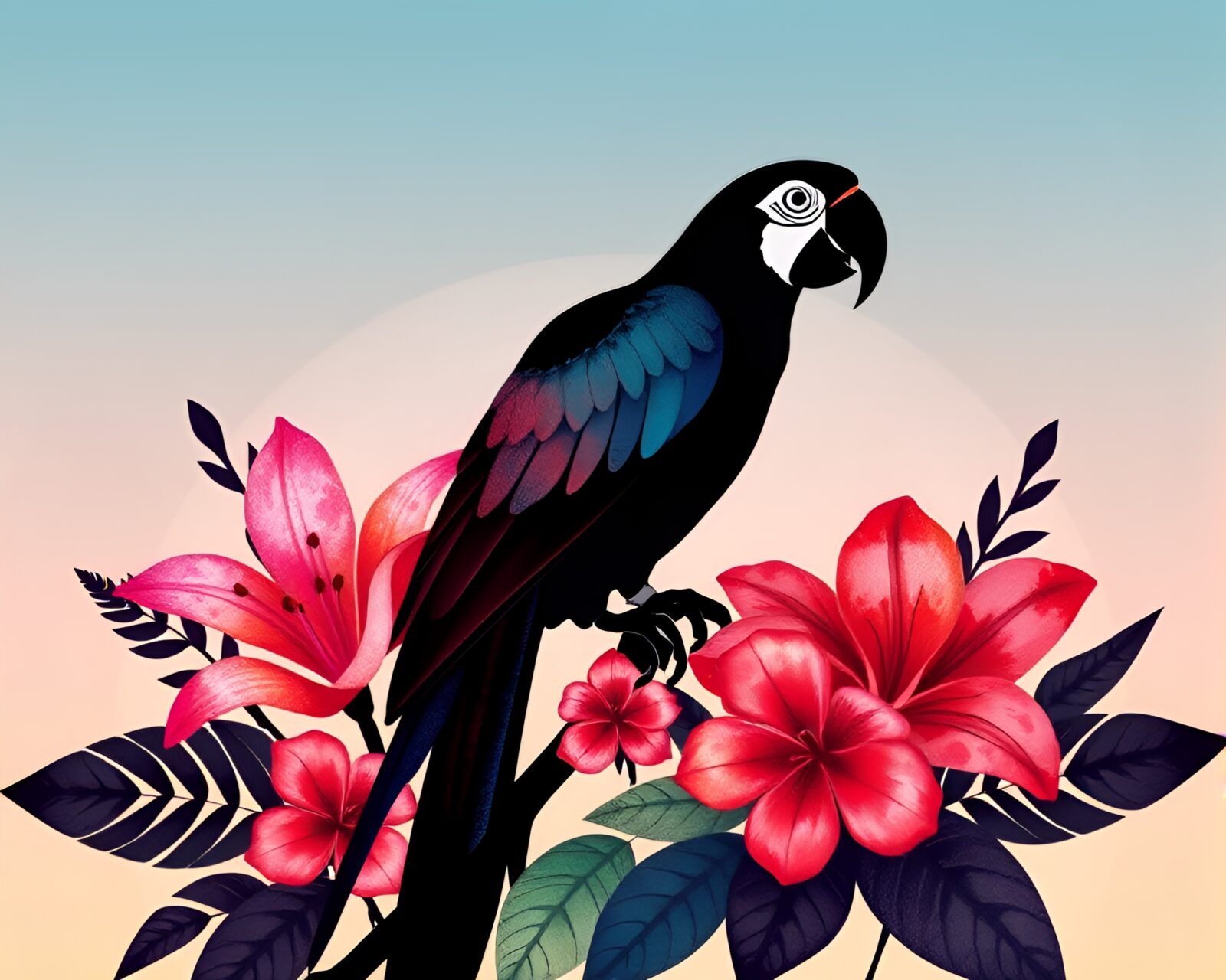 Vibrant earth tones depict tropical parrot amidst watercolor blooms