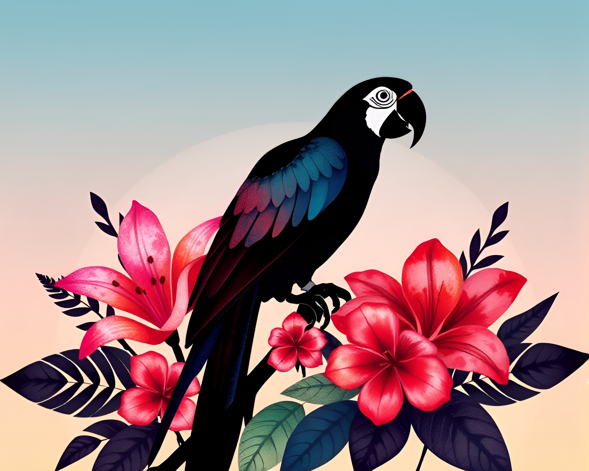 Tropical Parrot Silhouette in Watercolor Blooms – free AI stock image