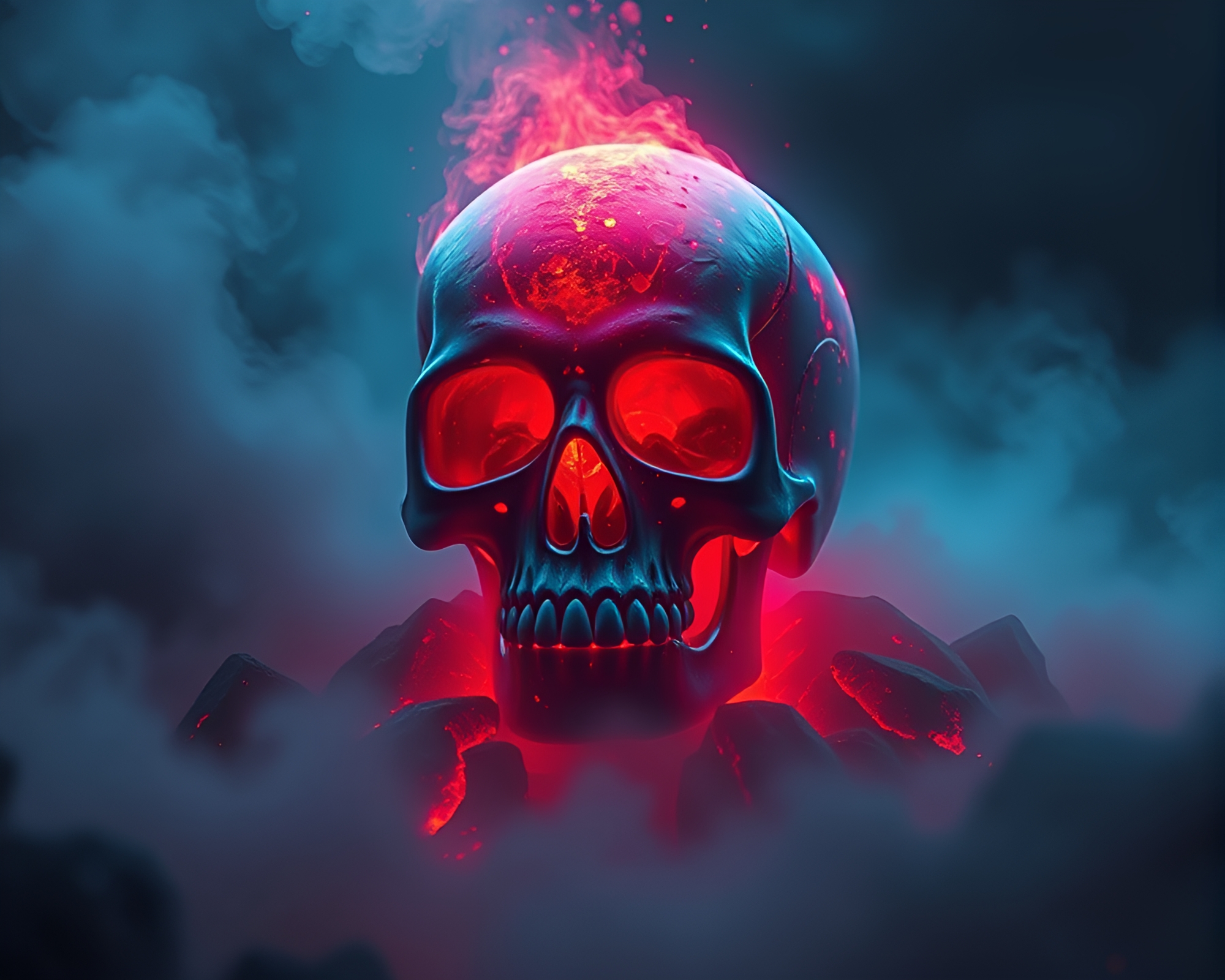 Ethereal Crystal Skull in Volcanic Red Mist – free AI stock image