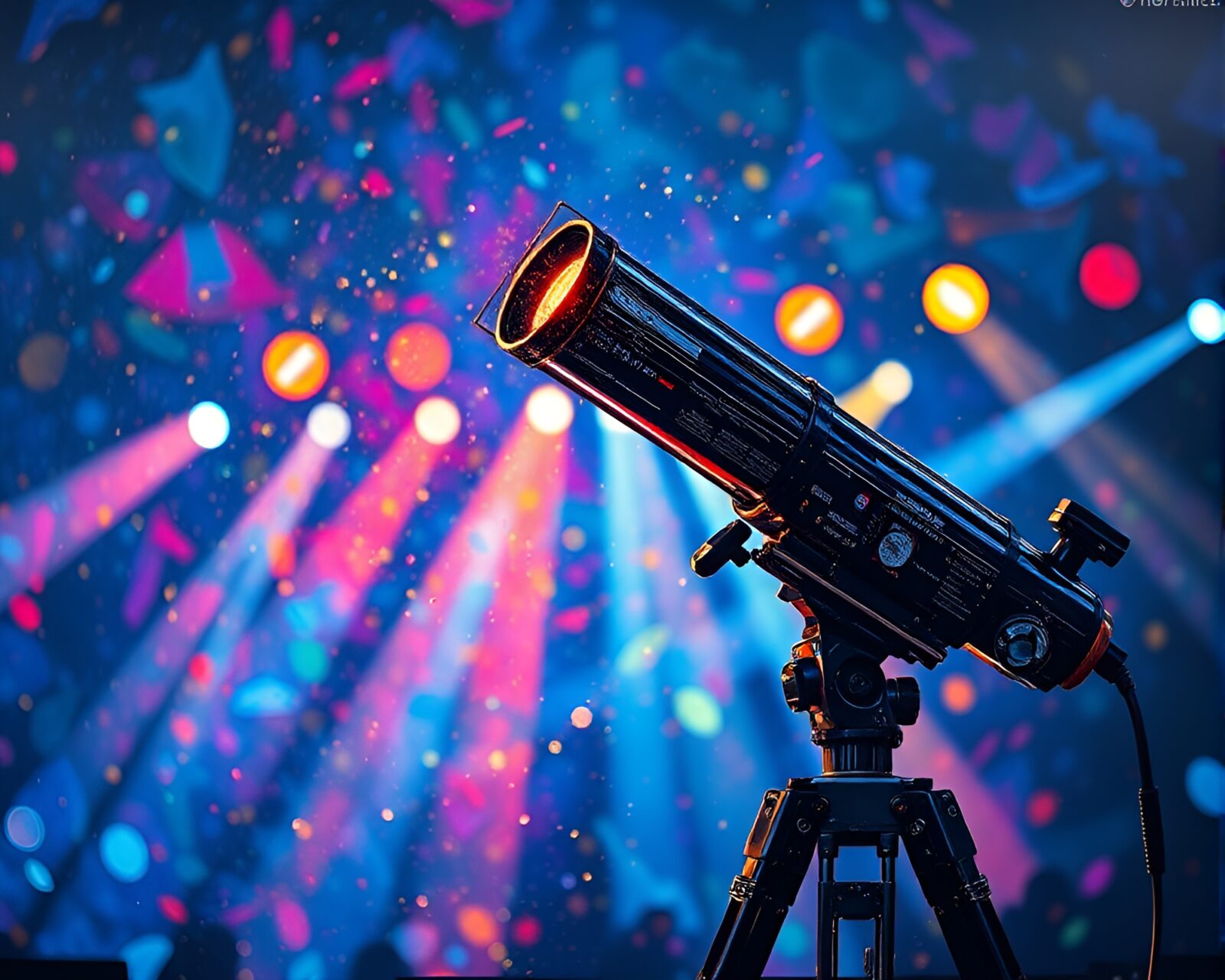 Abstract image of a telescope under colorful stage lights