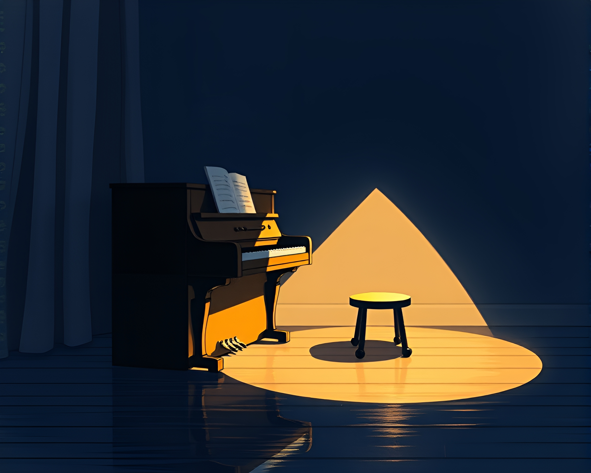 Magical Piano Reflection in Children’s Illustration Style – free AI stock image