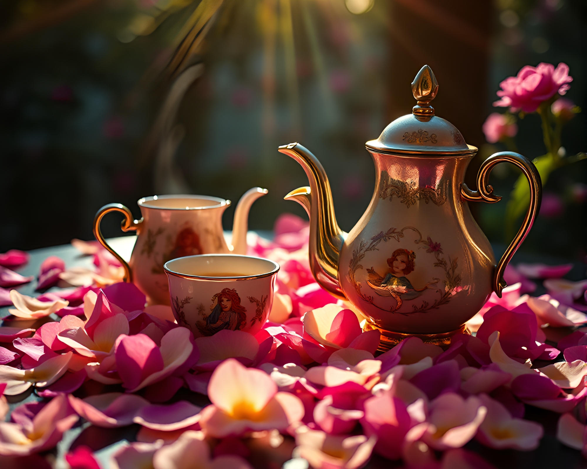 Enchanting Tea Party with Flower Petal Decor – free AI stock image