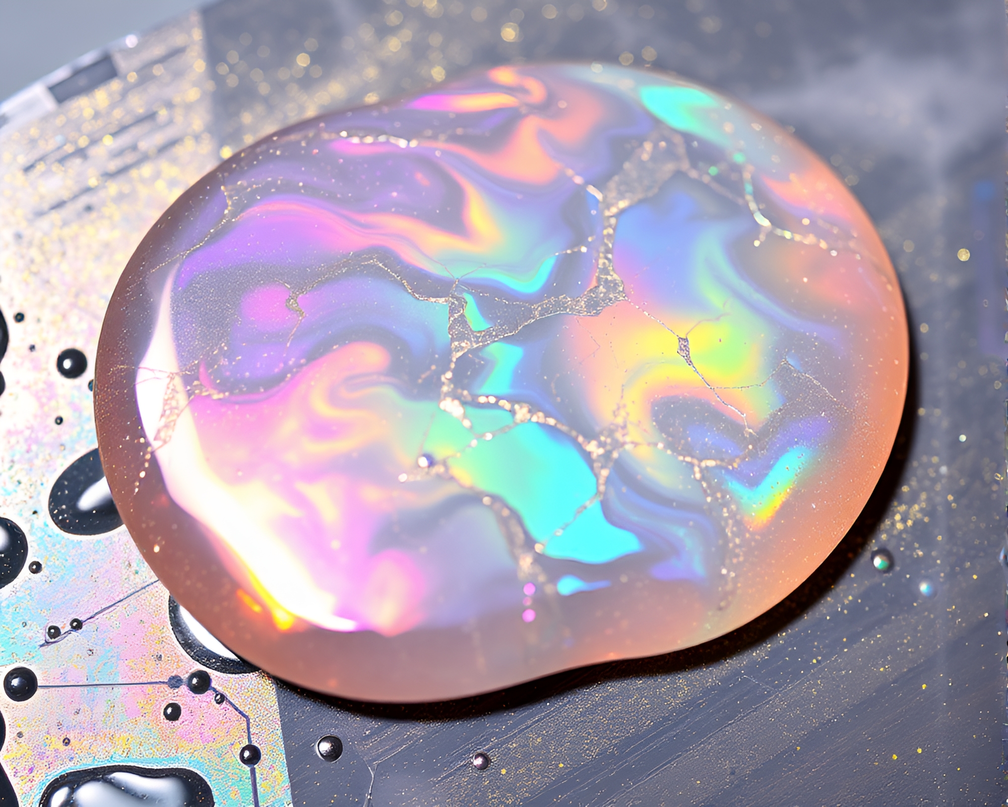 Enchanting Soap Film Iridescence on Cosmic Glowing Rune Stone – free AI stock image