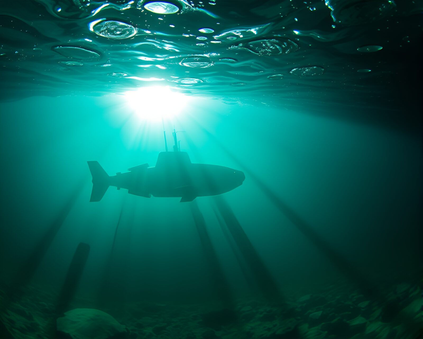 Wide-angle photo of an emerald green submarine in deep shadows