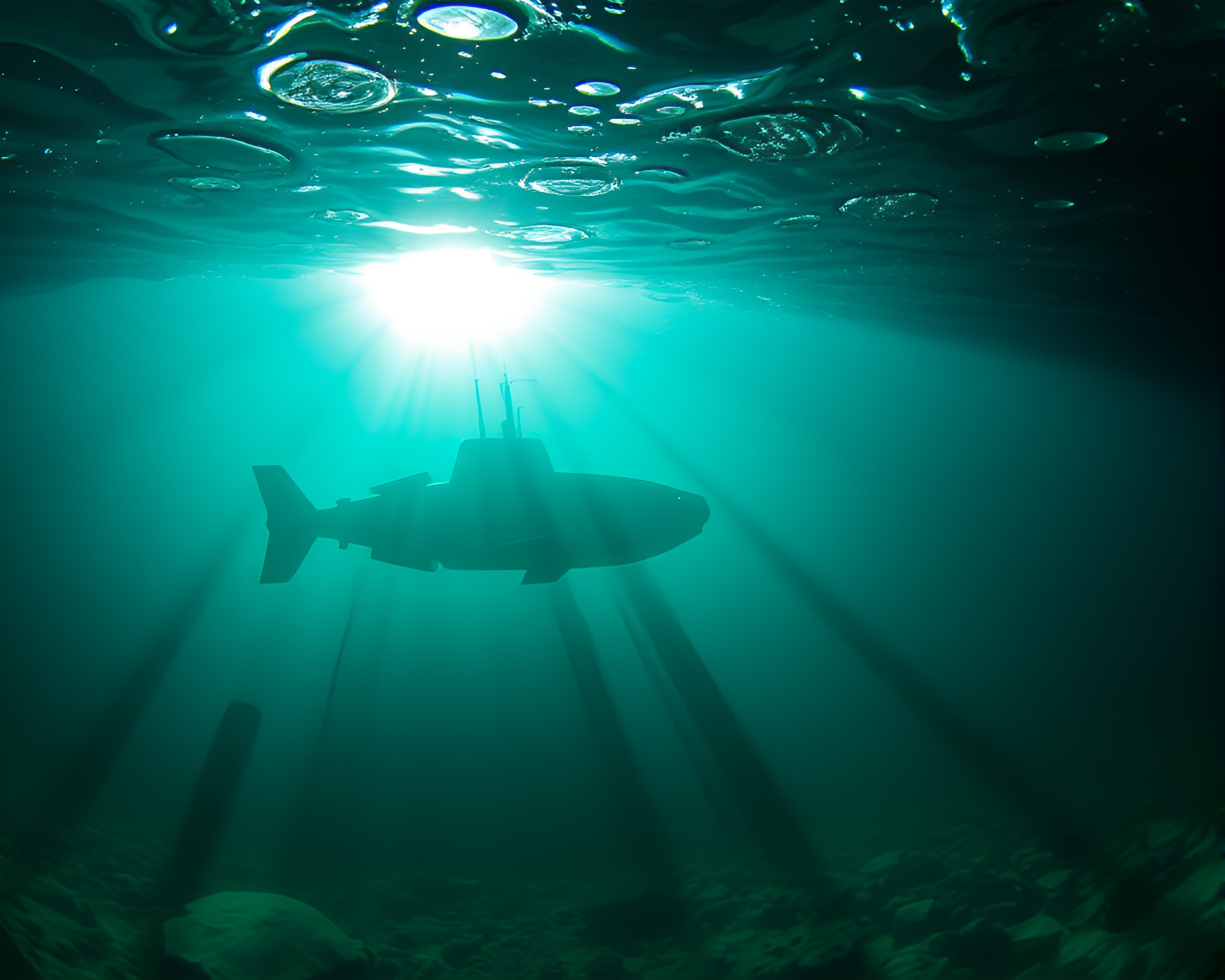 Emerald Green Submarine Shadowed Underwater Exploration – free AI stock image