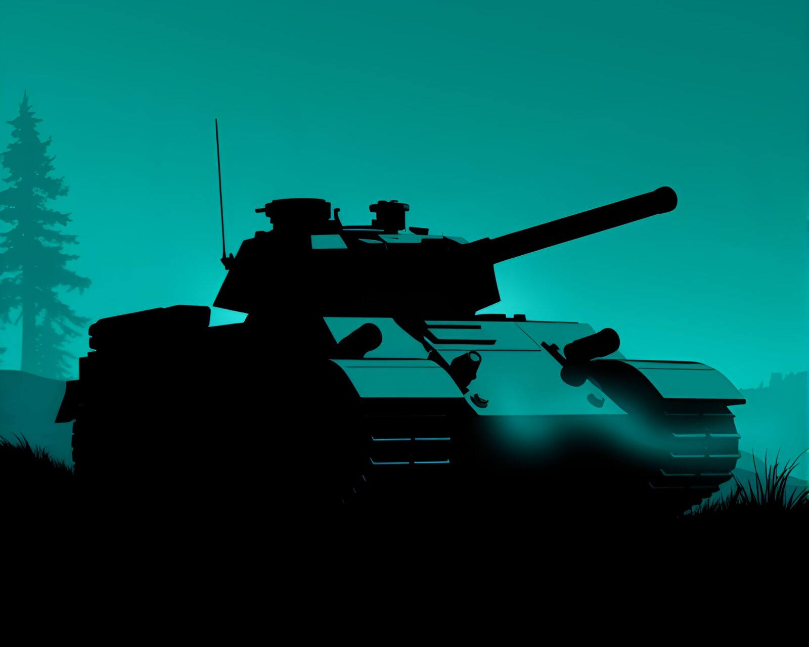 Glowing armored tank in ASCII silhouette against turquoise background