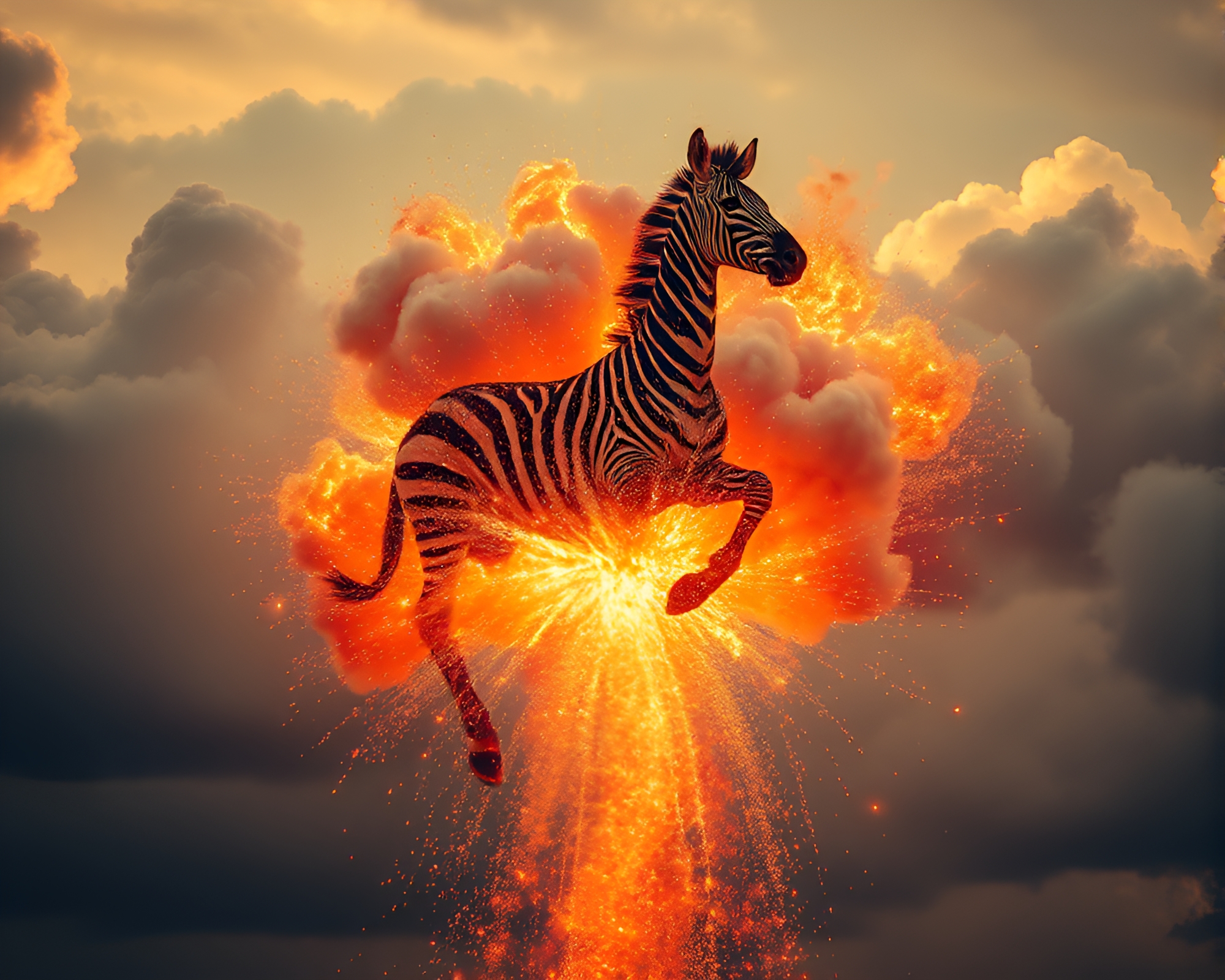 Ethereal zebra amidst fiery explosion cloud cinemagraph – free AI stock image
