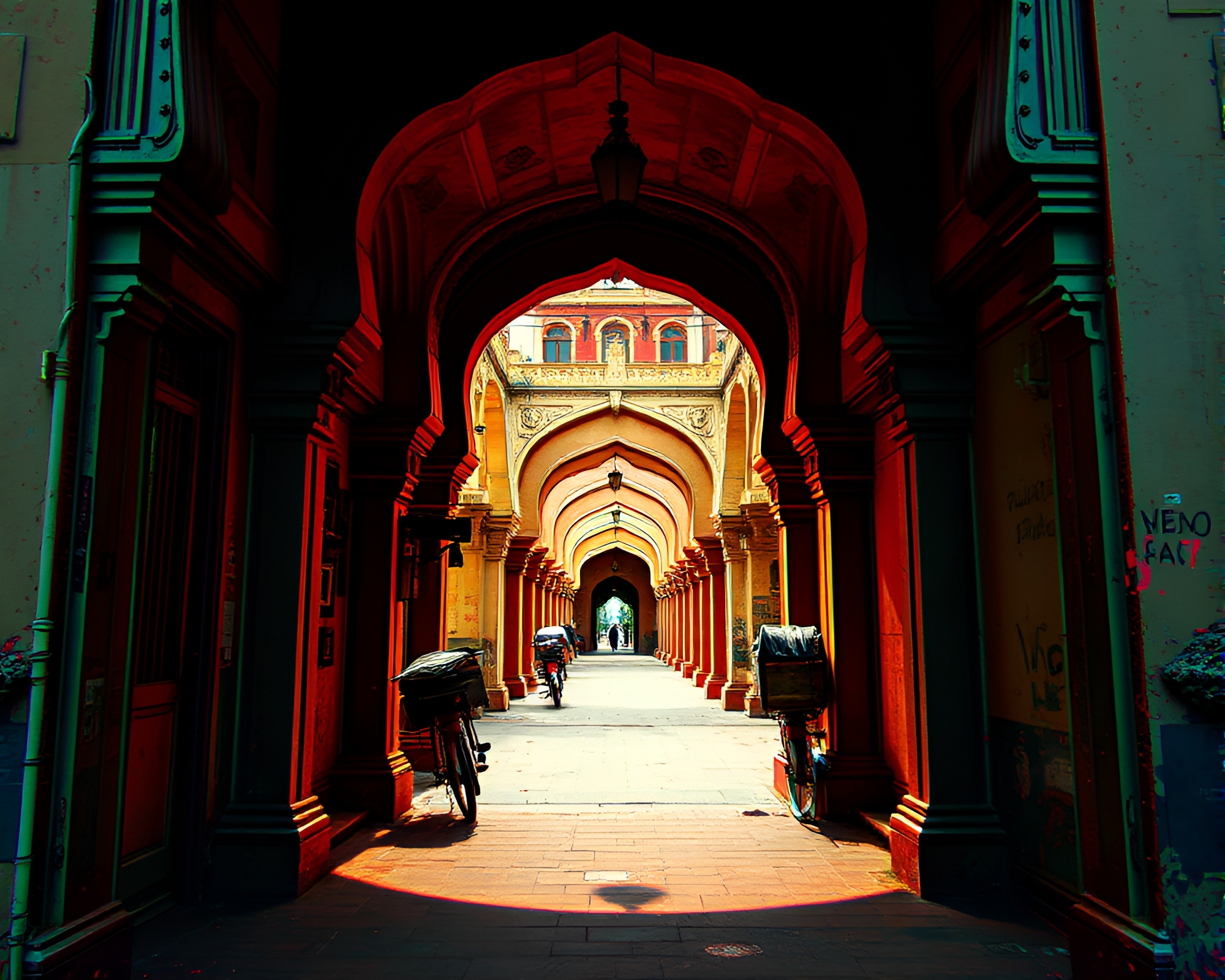 Glitchy Rickshaw Ride Through Architectural Frame – free AI stock image