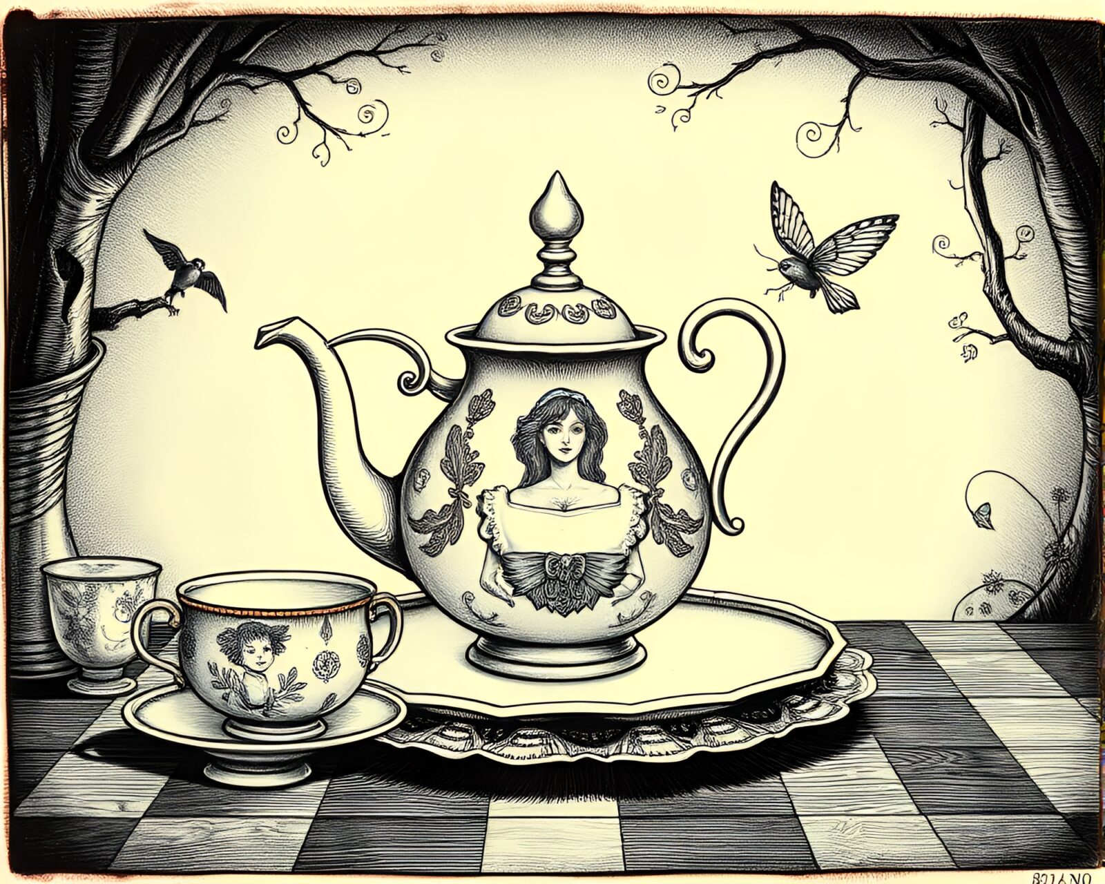 Surrealist interpretation of Alice in Wonderland tea party scene