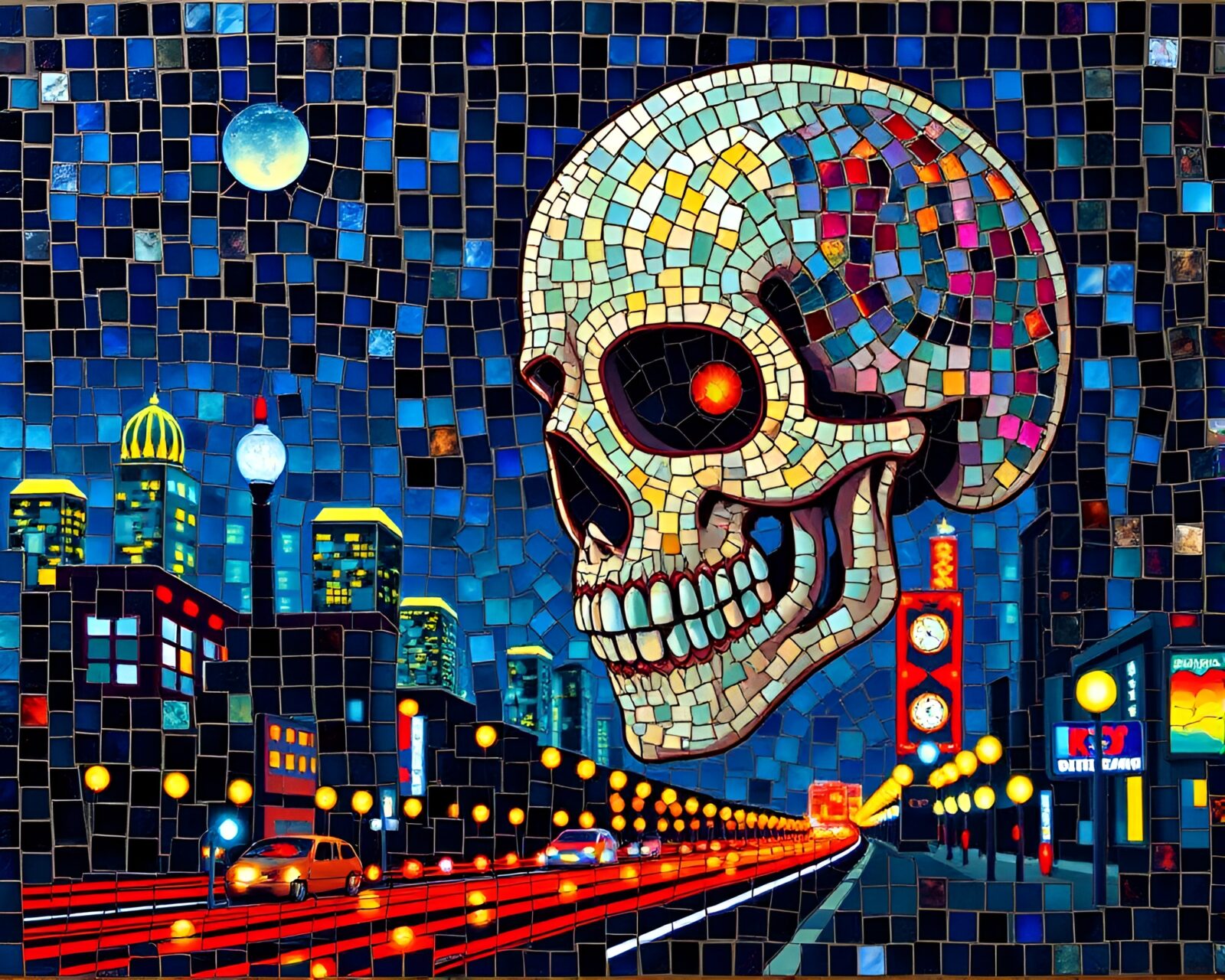 Vibrant action painting of a crystal skull mosaic under city lights