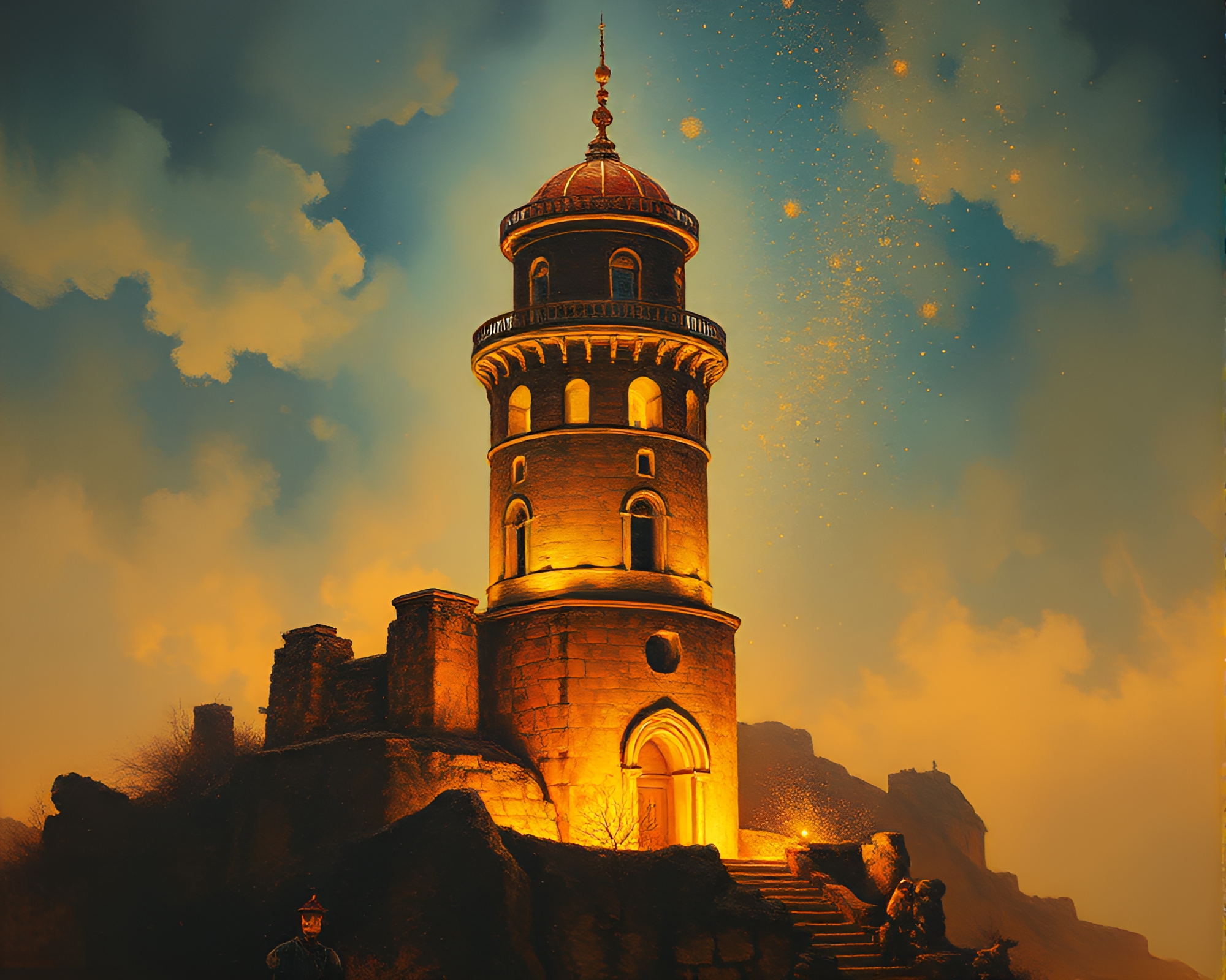 Majestic Tower Illuminated by Dust Particles in Fresco Style – free AI stock image