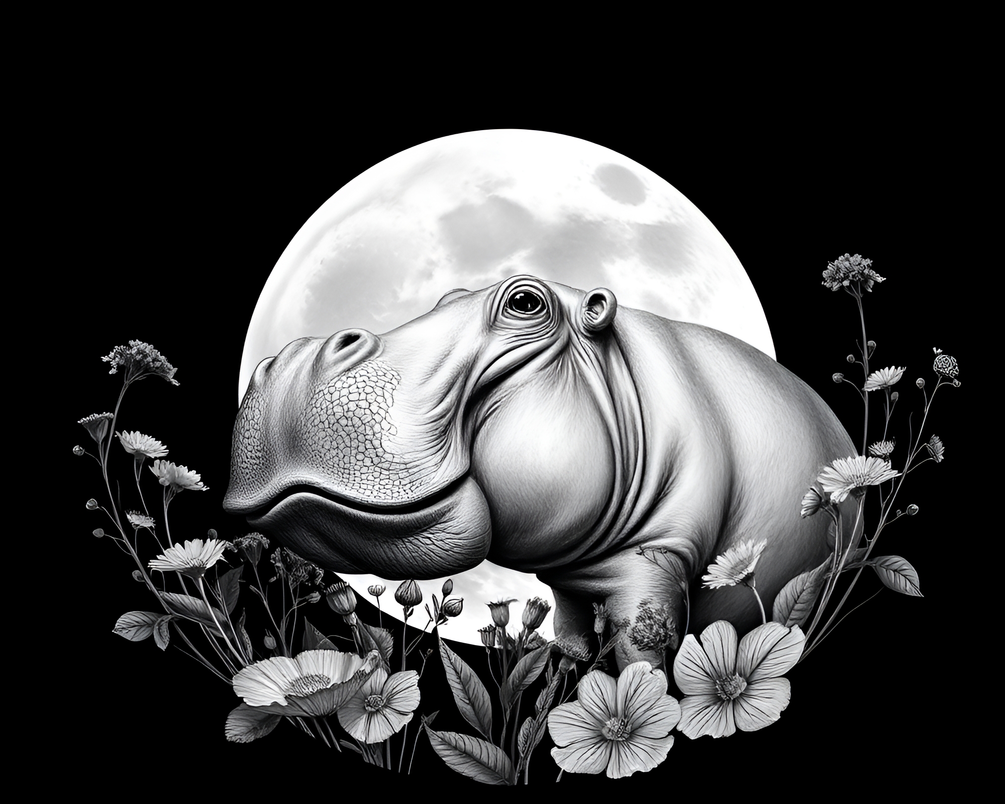 Lunar Hippopotamus in Fisheye Botanical Wonderland – free AI stock image