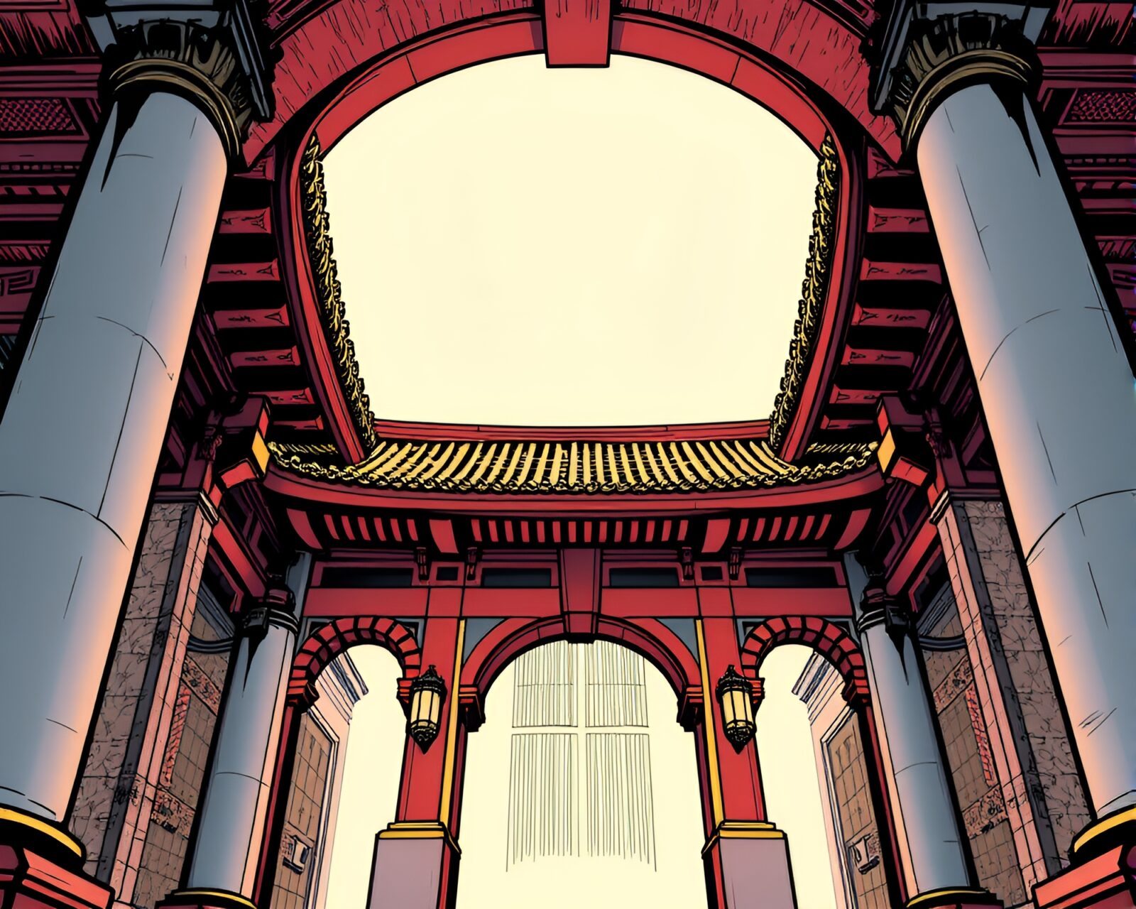 Hyper-saturated manga scene with architectural framing and street lamp