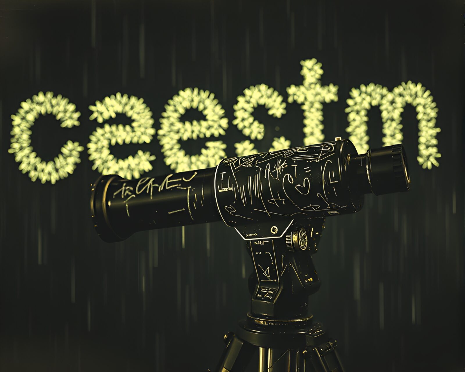 Mosaic chalk art featuring vintage telescope and ASCII stars