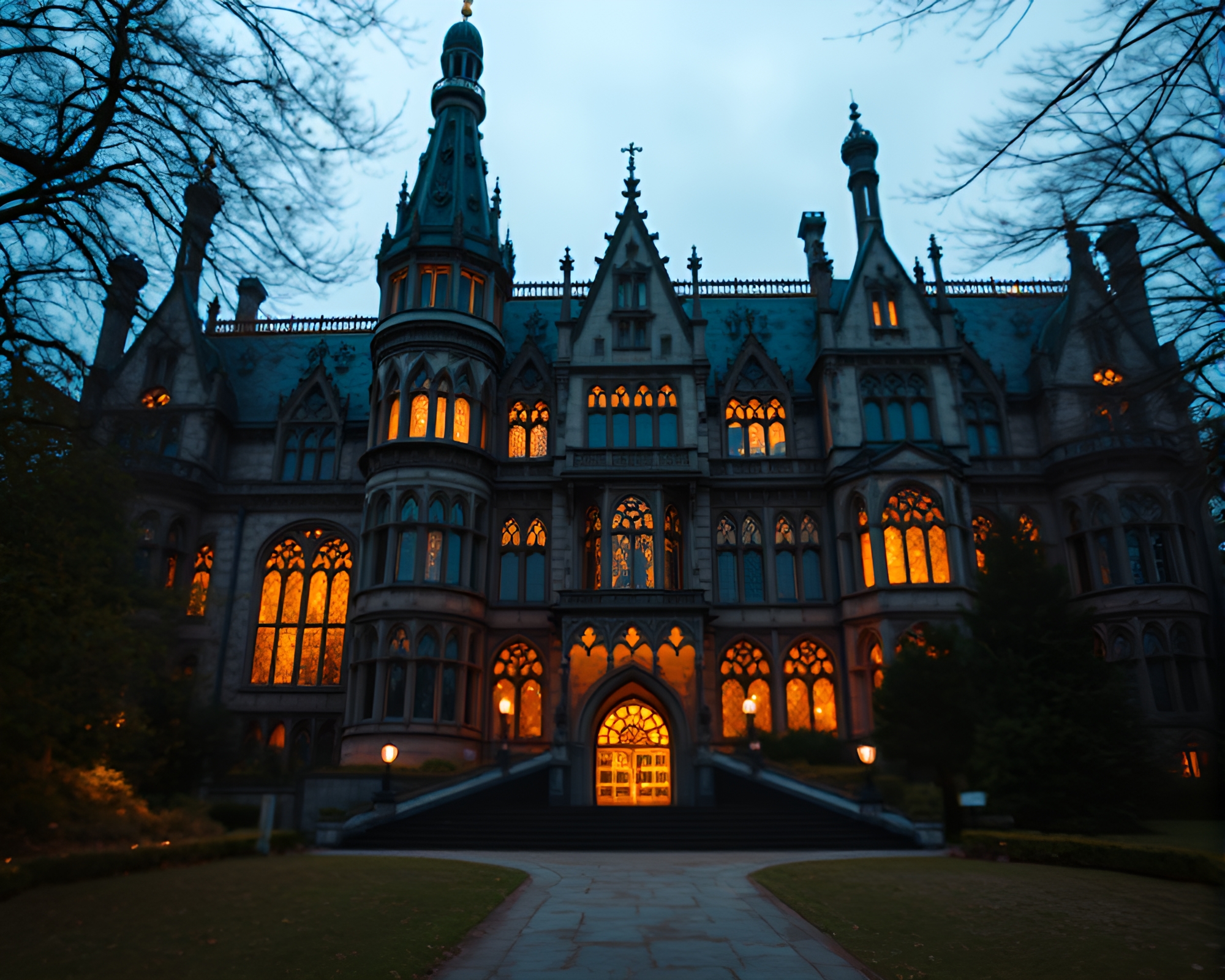 Majestic Neo-Gothic Mansion with Gold Foil Highlights – free AI stock image