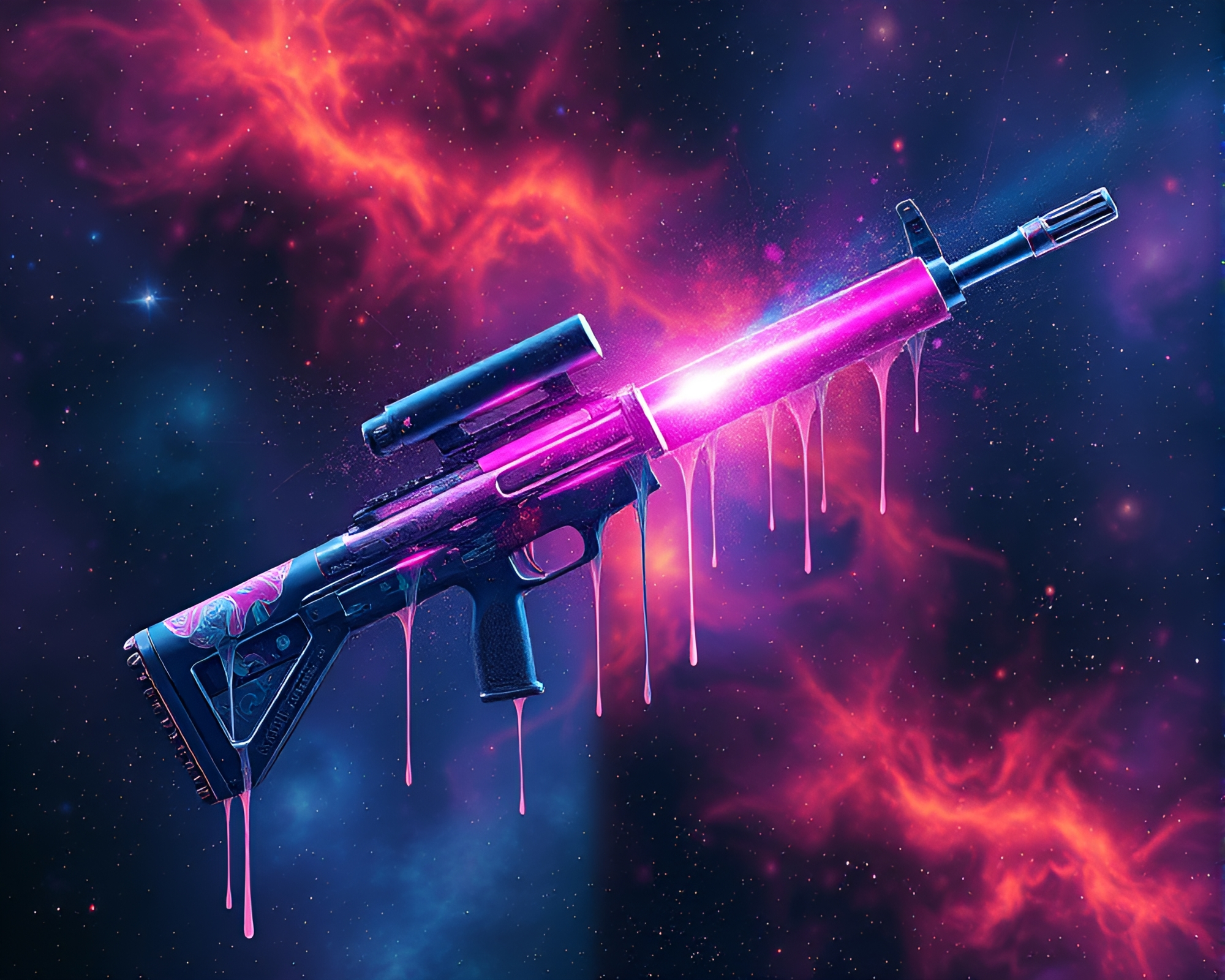 Plasma Rifle in Cosmic Paint Drips – free AI stock image