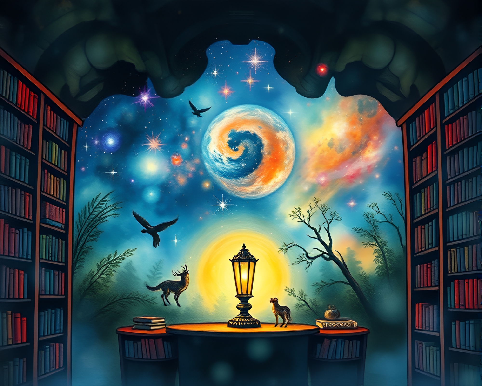 Cosmic Horror Library Scene with Watercolor Wildlife – free AI stock image
