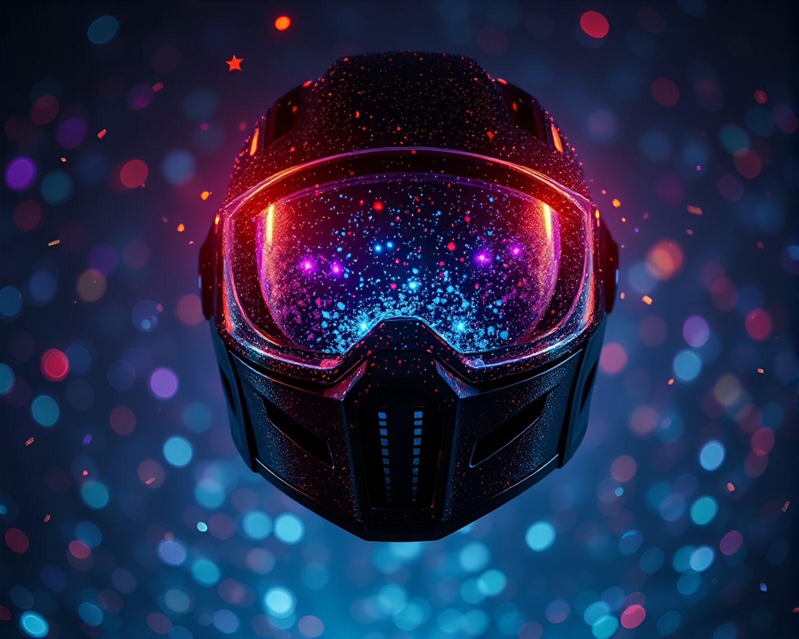 Abstract helmet surrounded by shimmering paper tears in surreal scene